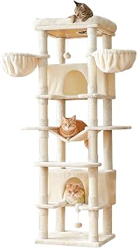 Mwpo 899A Cat Tower, Multiple Cats, Cat Supplies, Stationary, Large Cats, Claw Sharpener, Hammock, Cat House Toy, Stylish, Indoor, Popular, Lack of Exercise, 5.7 ft 172 cm, Beige
