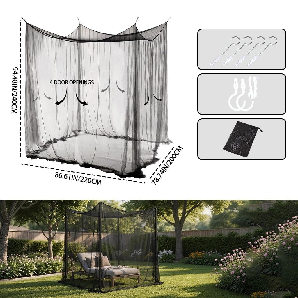 Moskitonetz Outdoor für Doppelbetten/Einzelbett, Fliegennetz Bett, Insektenschutz Netz Outdoor, Moskitonetz Rechteckig für Camping, Garten, Grill (Schwarz-4 Tür, 2x2.2x2.4m)