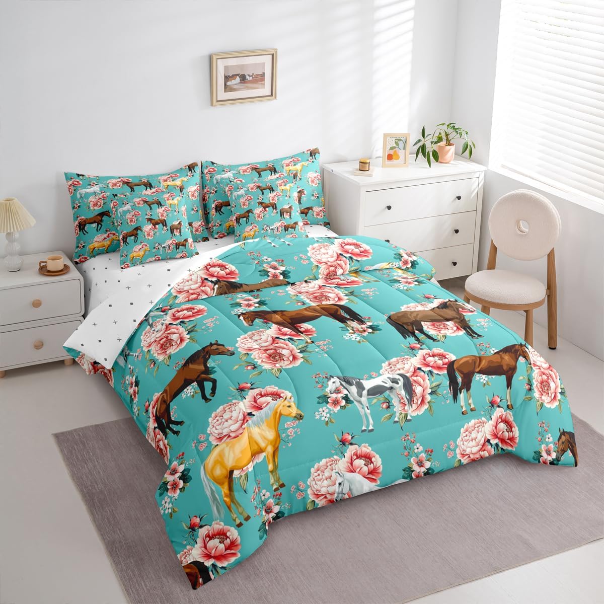 Erosebridal Kids Horse Twin Comforter Set 7 Pieces, Chic Retro Floral Bed in A Bag, Galloping Horse Printed Bedding Set with Comforters, Sheets, Pillowcases Farm Animal Bedroom Decor