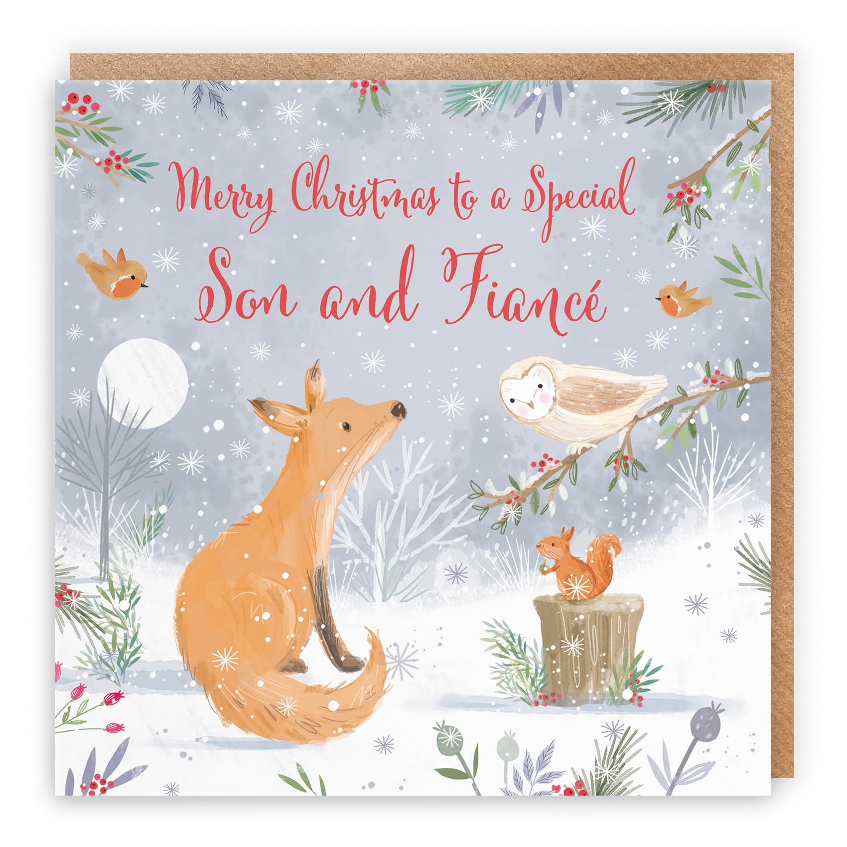 Hunts England, Son And Fiancé Cute Fox Christmas Card, Nature's Treasures, Happy Animal Wildlife Cute Fun Merry Xmas Card
