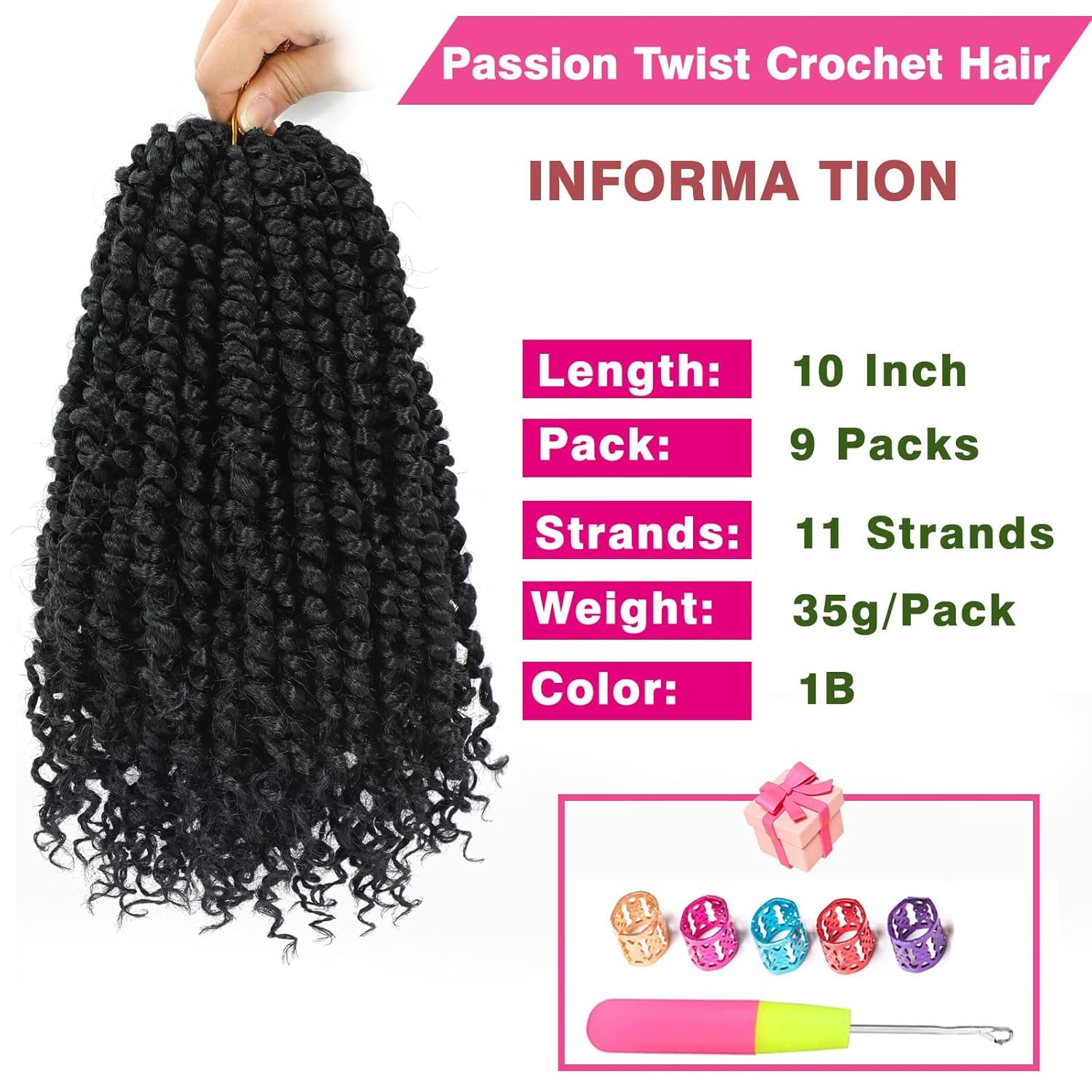 9 Pack Passion Twist Crochet Hair 10 Inch Pre-twisted Passion Twist Hair Pre Looped Boho Crochet Braids Hair for Women Girls and Kids (10Inch,1B) - Image 3