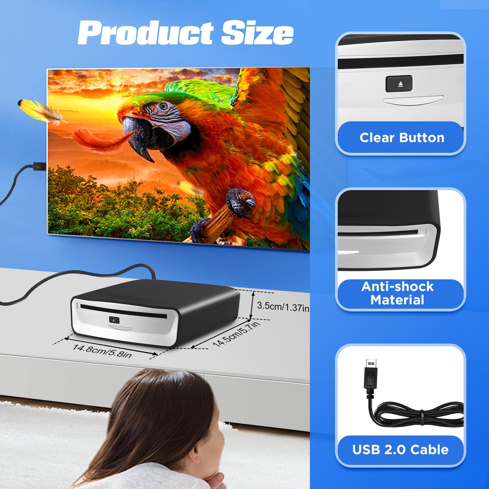 Lecteur CD DVD Externe USB pour Auto, Ordinateur, TV - Lecteur Optique Portable Plug & Play avec Connecteur USB 2.0 pour Autoradio, PC, Multimédia - Aucun Pilote Requis