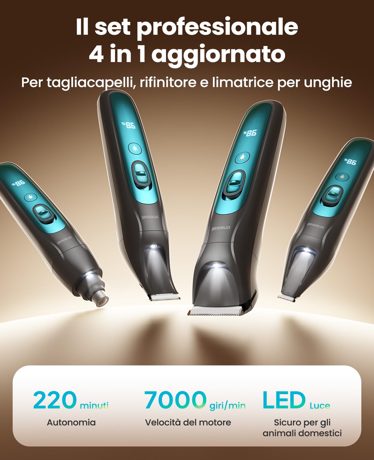 oneisall 4 in 1 Tosatrice per Cane Gatto con Luce LED, 2025 Nuova Versione Cura Peli Animali per Rasoio Cani & Zampe & Smerigliatrice Artiglio, 2000mAh Ricaricabile Rasoio per Cani (Blau, 4-in-1)