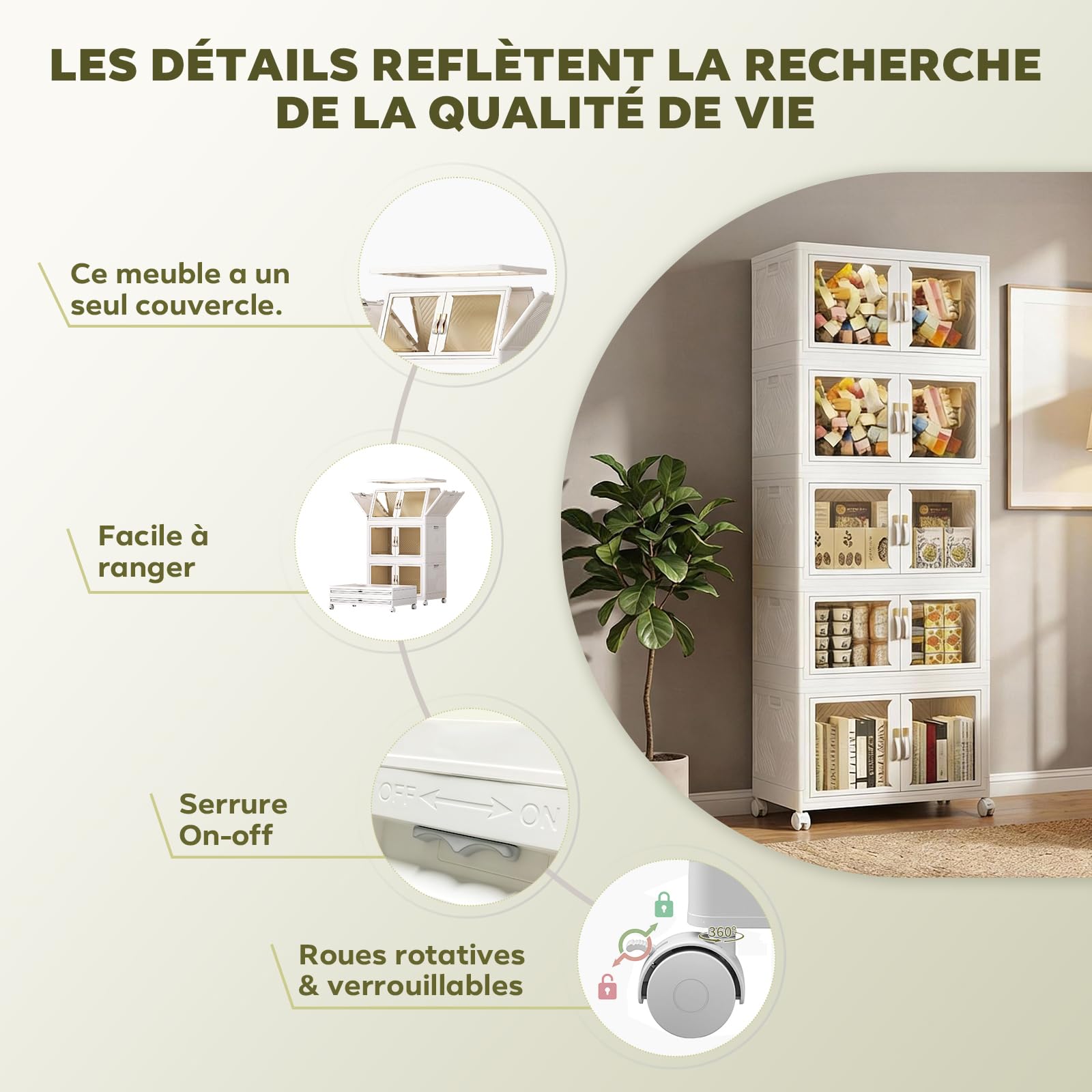 Armoire de Rangement Pliable 5 Niveaux – Grand Placard Mobile avec Portes Magnétiques, Roues Bloquantes, pour Vêtements, Atelier, Maison