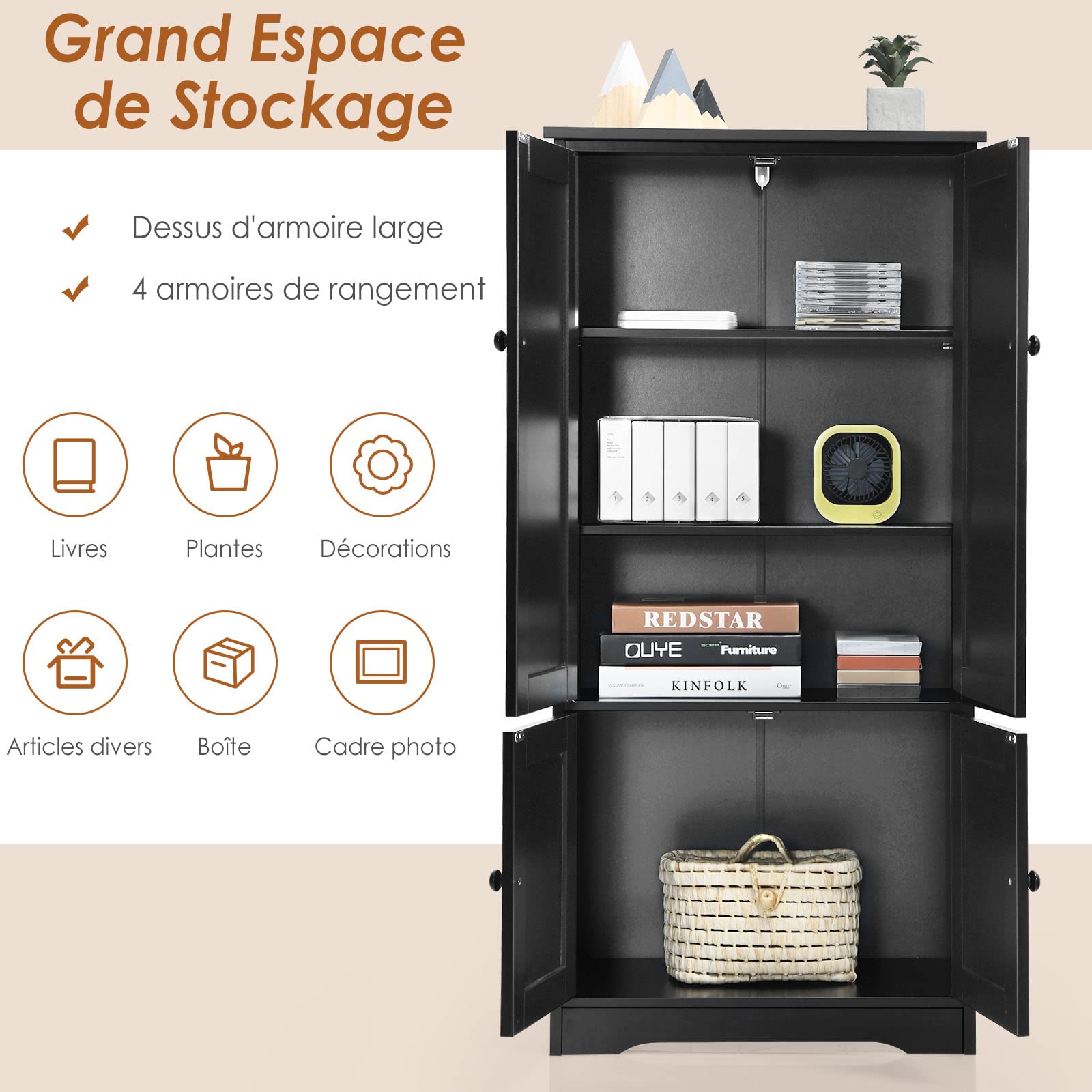 COSTWAY Armoire de Rangement Vintage en MDF avec 2 Étagères Réglables sur 5 Positions et Dispositif Anti-Dumping, 58,5 x 31,5 x 123 cm, pour Salon, Chambre, Bureau (Noir)