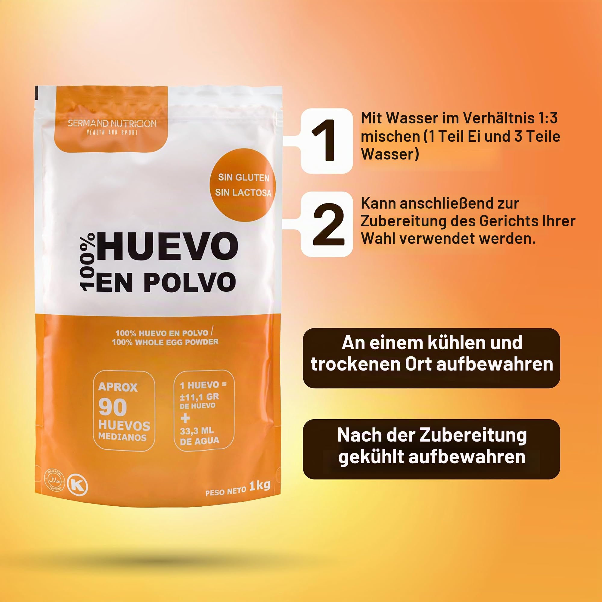 Eipulver aus Freilandeiern (1 kg) | Pasteurisiertes Vollei Pulver | Ohne Zusatzstoffe | Glutenfrei & laktosefrei | Vakuumverpackung im Zip-Beutel