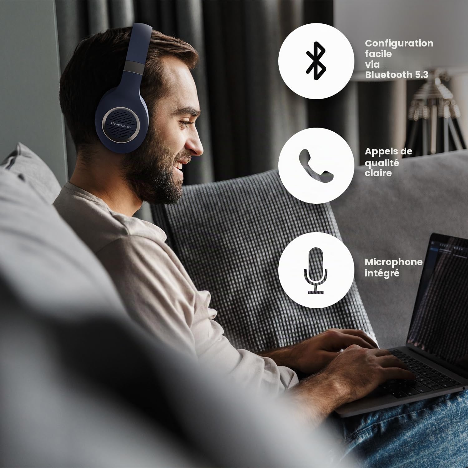 PowerLocus Casque Audio Bluetooth sans-Fil avec Microphone Intégré, Basses fréquences Stéréo Hi-FI, Confortable Cache-Oreilles pour Les Cours en Ligne, Téléphones Portables, Tablettes, PC,TV