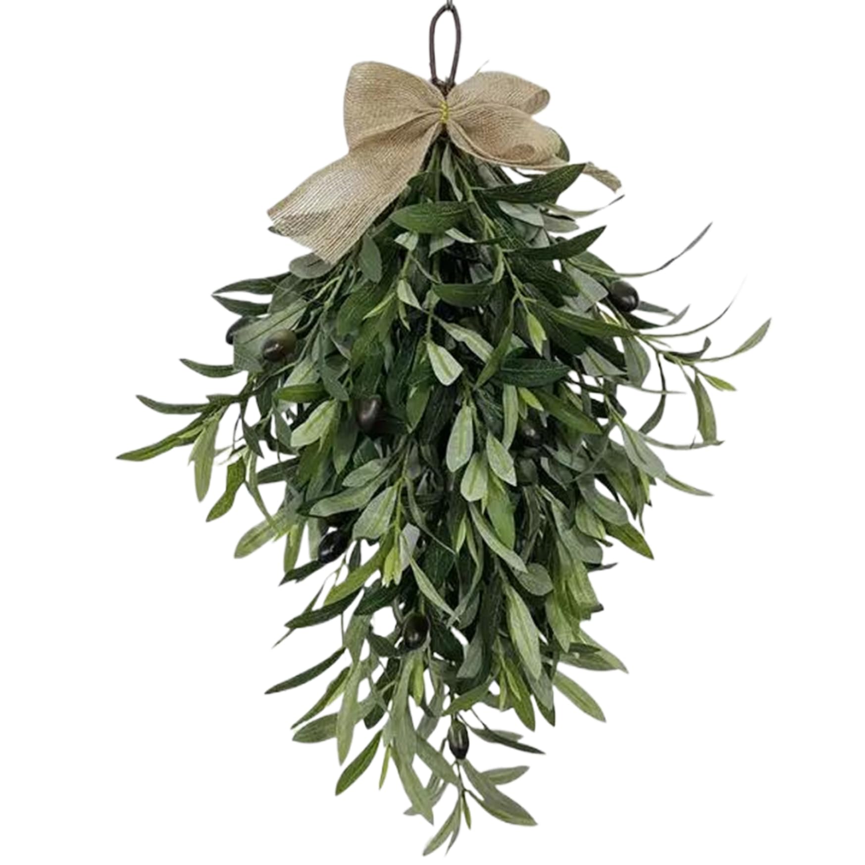 Olivenkranz, 61 cm, künstlicher Olivenzweig-Kranz, hängender Tropfen-Swag mit Juteschleife, Haustür, Wand, Fenster, Hochzeit, Bauernhaus, Heimdekoration