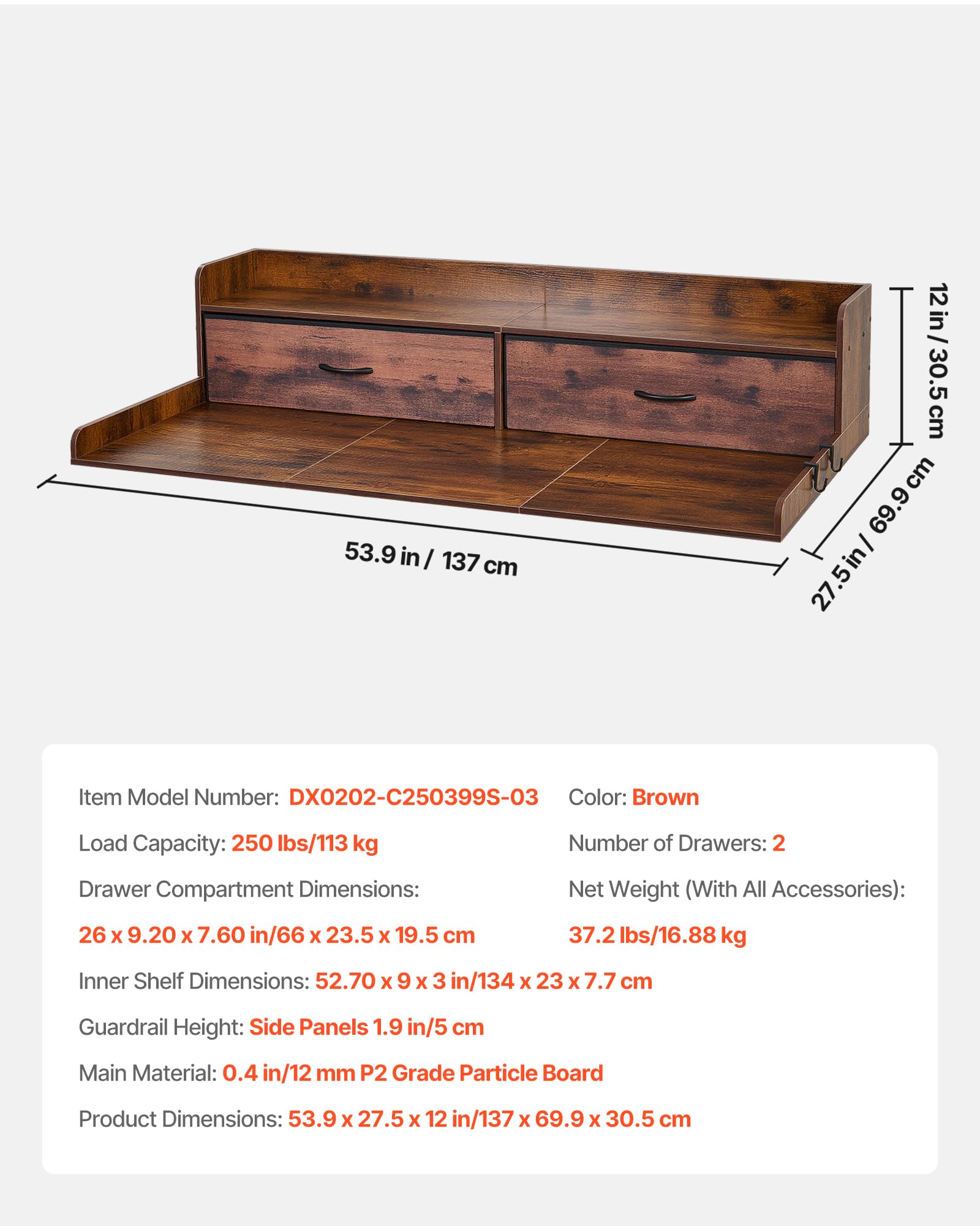 VEVOR Piano di Lavoro per Lavatrice e Asciugatrice con Ripiano 137 x 69,9 cm, Piano d'Appoggio con 2 Cassetti Integrati, Bordi Rialzati e Ganci, Coprilavatrice in Legno per Zona Lavanderia, Marrone