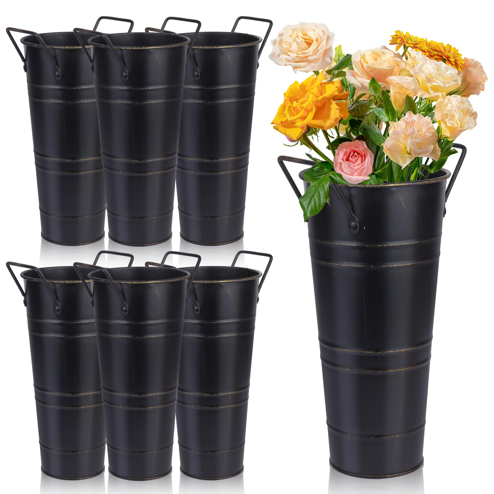 Dualshine 6 Pcs Galvanized Bucket Flower Bar, 10 Inch Metal Vase with Handles, Farmhouse Vases for Wedding and Cut Flower, Balcony Garden (Black)