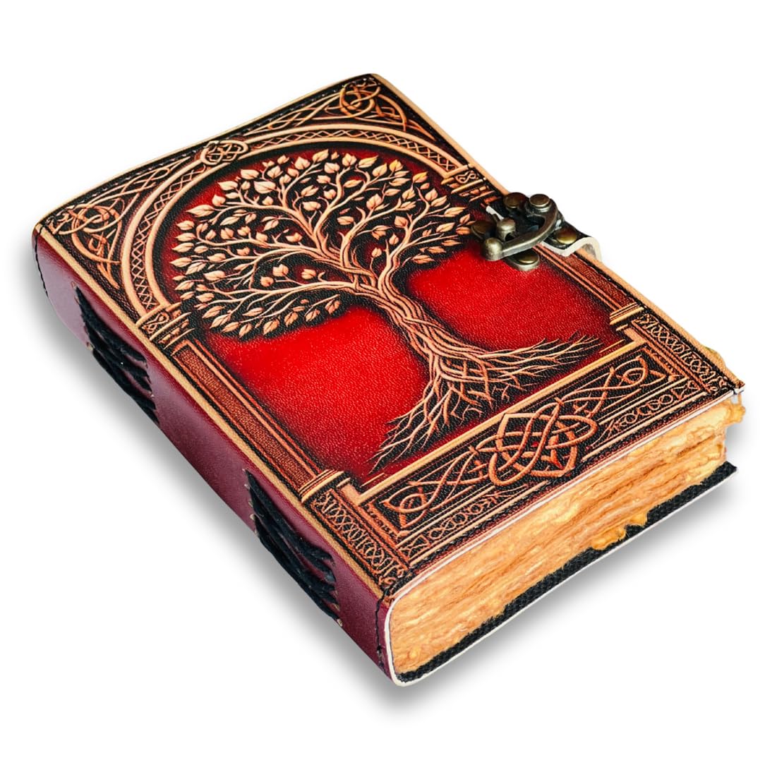 Tree of Life Leather Travel journal For Women with lock Premium Print - 7"X5" 200 Vintage Deckle Paper - Journal for men - Leather Bound Journals for women Best New Job Gifts for Women & Men Red Tree — image 1