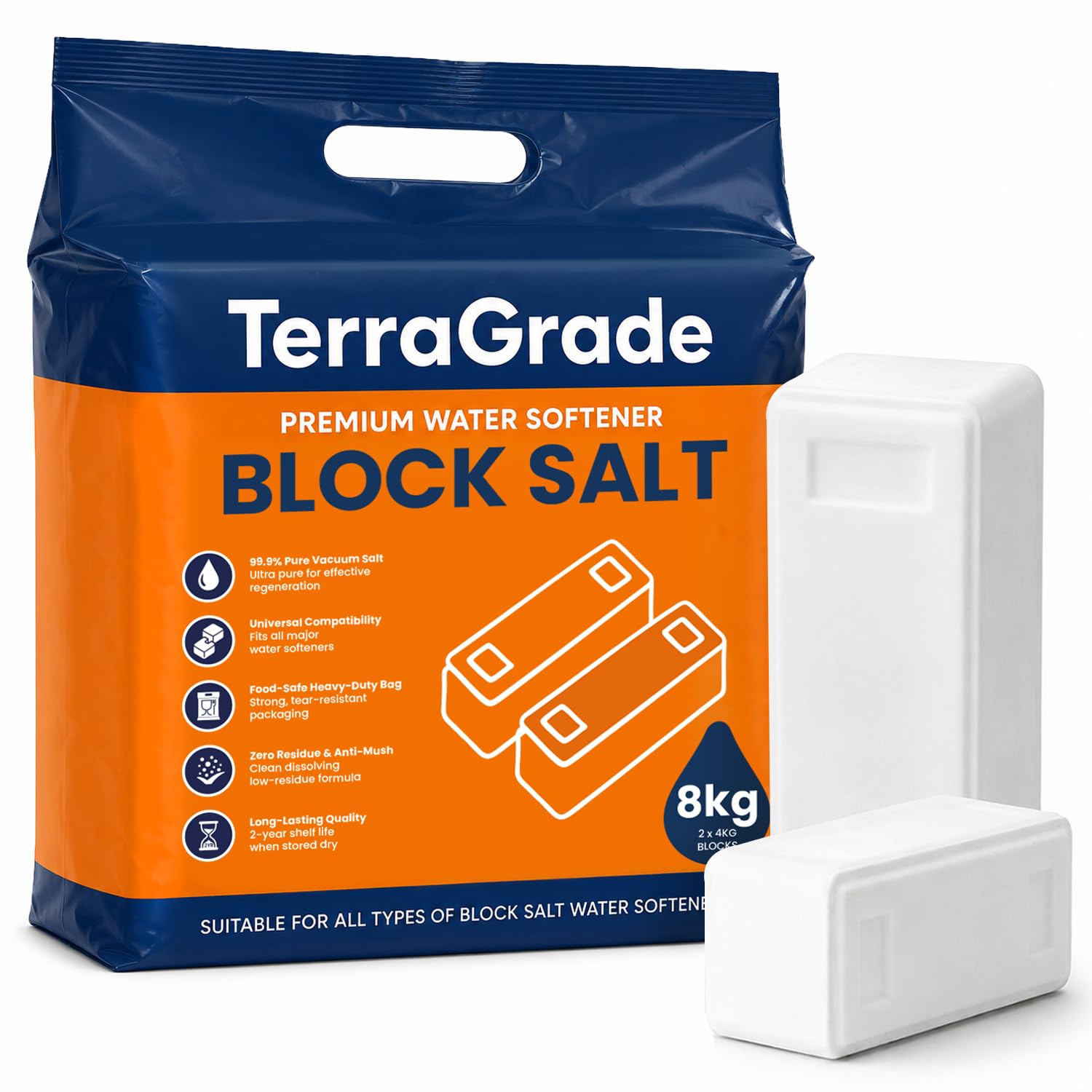 TerraGrade Premium Water Softener Block Salt | 8kg Pack | 99.9% Pure Vacuum Salt | Heavy-Duty Food-Safe Packaging | Universal Fit