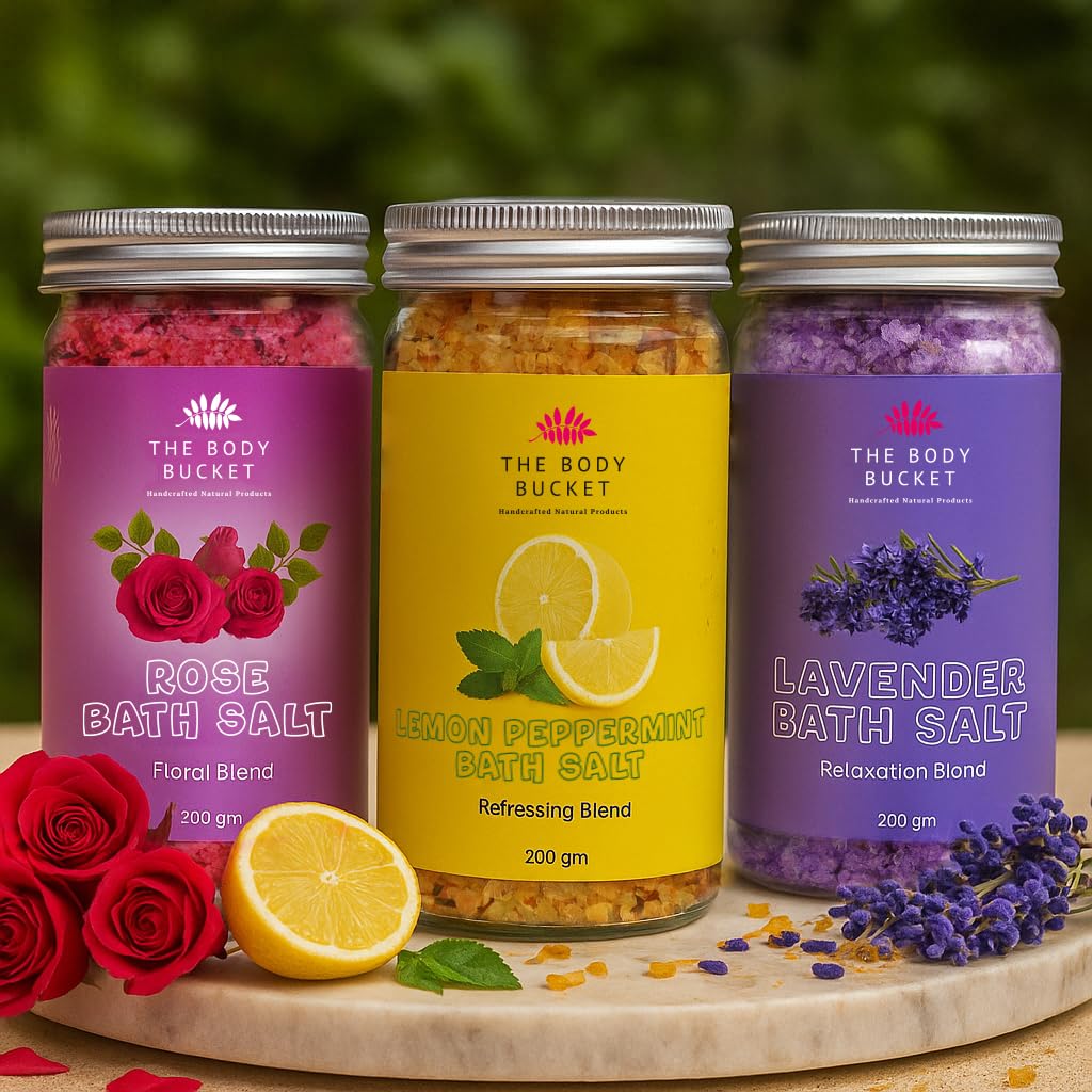 The Body Bucket Bath Salts-Pack of 3 | Combo of Lavender, Rose and Lemon Peppermint | Made with Pure and Natural Ingredients | For Soothing and Relaxion Bath | 200gms each