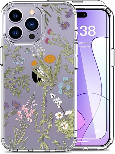LUHOURI Funda para iPhone 15 Pro con protector de pantalla - Funda duradera transparente - Diseños de moda para mujeres y niñas - Funda protectora