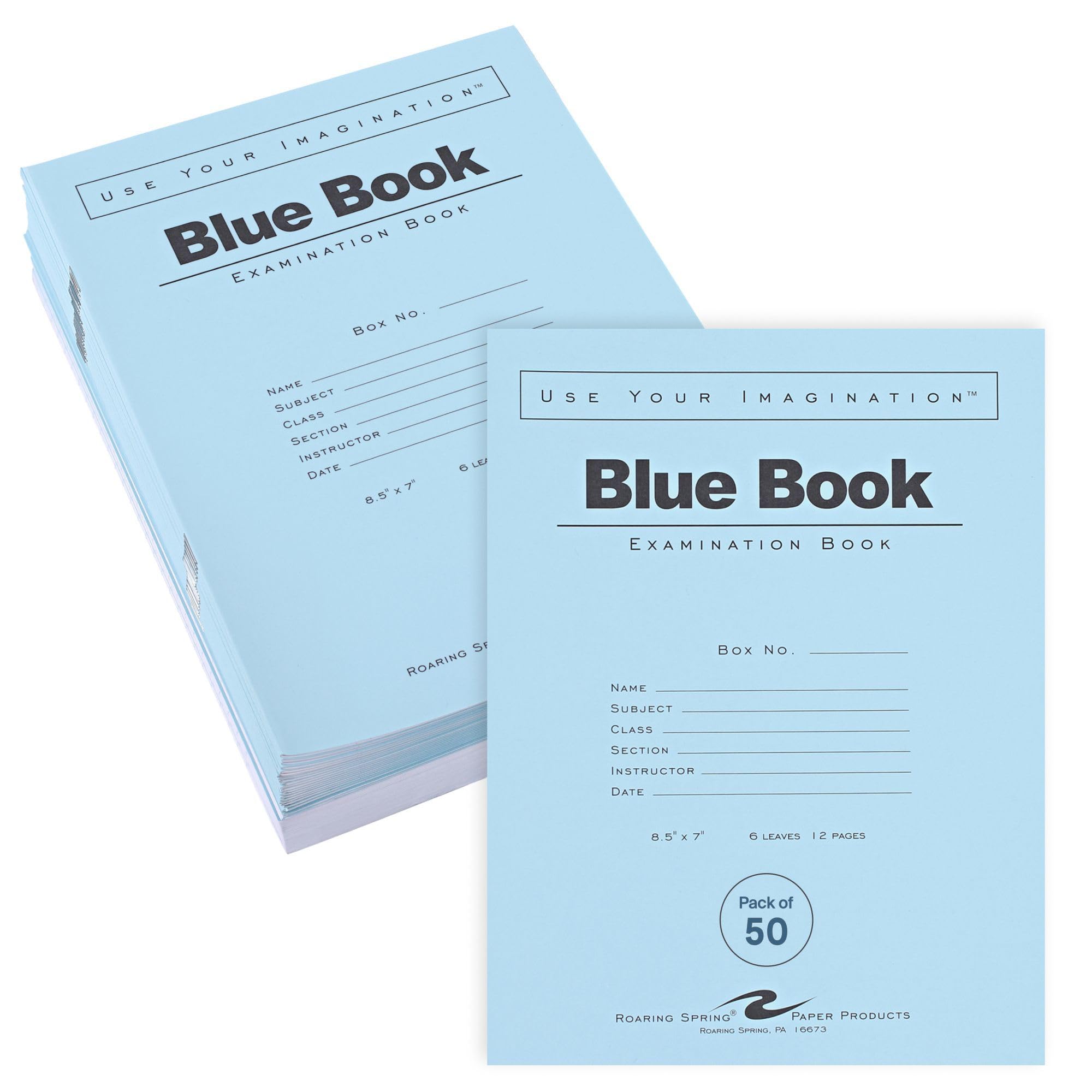 Exam Blue Books, 50 School Examination Booklets, 8.5" x 7", 6 Sheets/12 Pages, Wide-Ruled with Margin Student Testbook, Made in USA