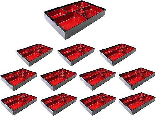 JapanBargain, Lonchera Bento tradicional japonesa de plástico lacado rojo y negro, 6 compartimentos para restaurante o hogar, juego de bandejas y