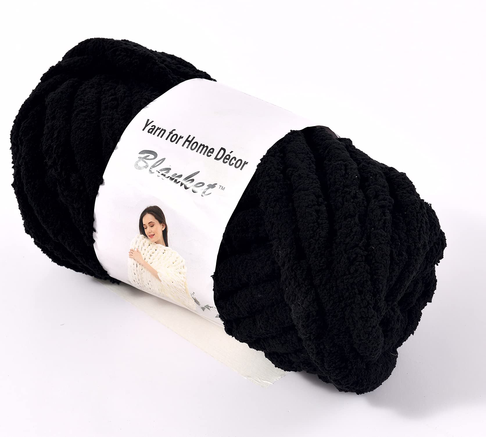 Filato di ciniglia grosso per lavori a maglia, spesso, voluminoso, per fai da te, per coperte, cuscini, letto, divano, decorazione per la casa (nero, confezione da 2, 0,5 kg, 46 m)