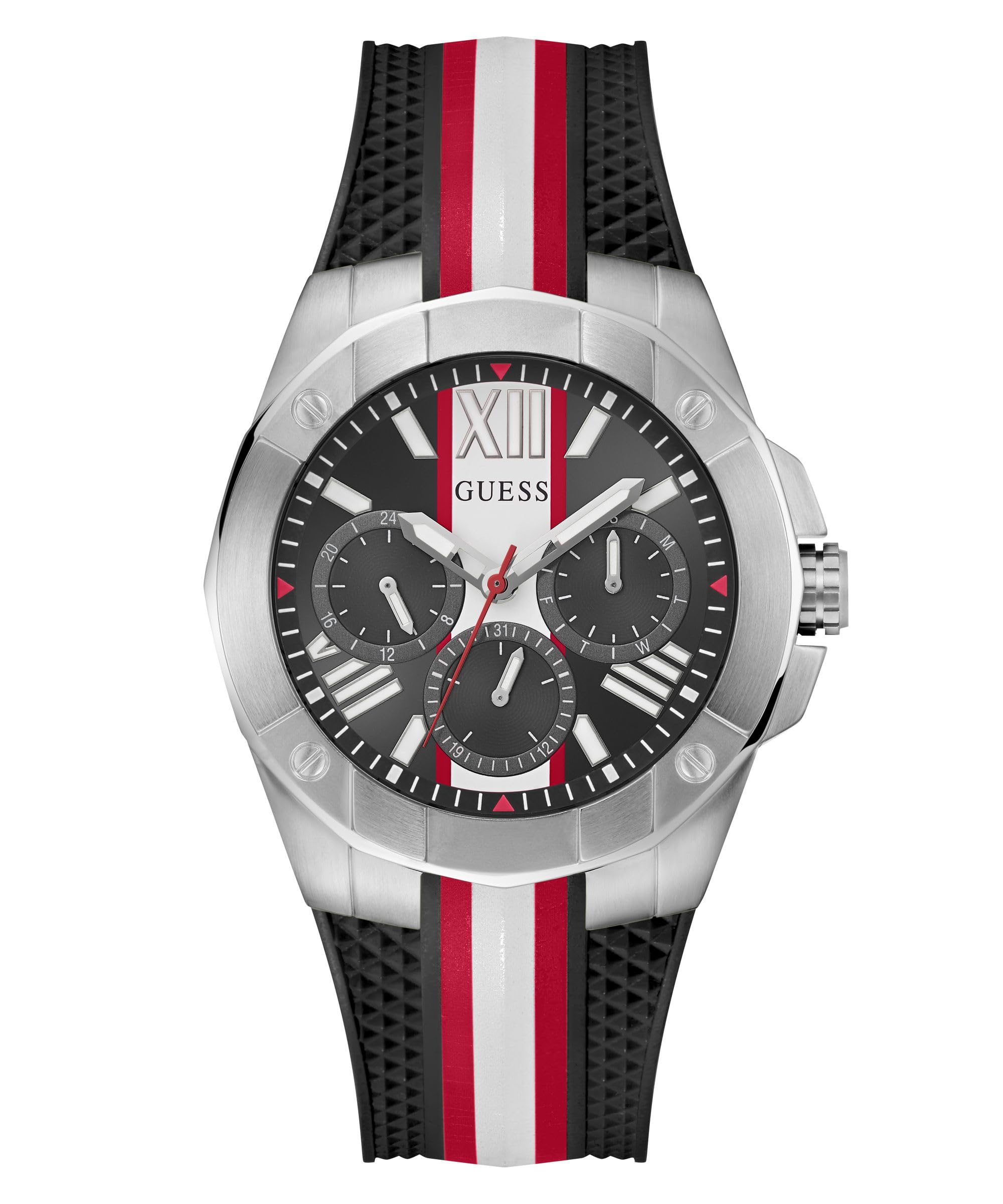 GUESS Silicone Mens 44Mm Analog Watch - Black Strap Multicolor Dial Silver Tone Case, Black, Band Color-Black (B0CZ157X19) Amazon Price History, Amazon Price Tracker