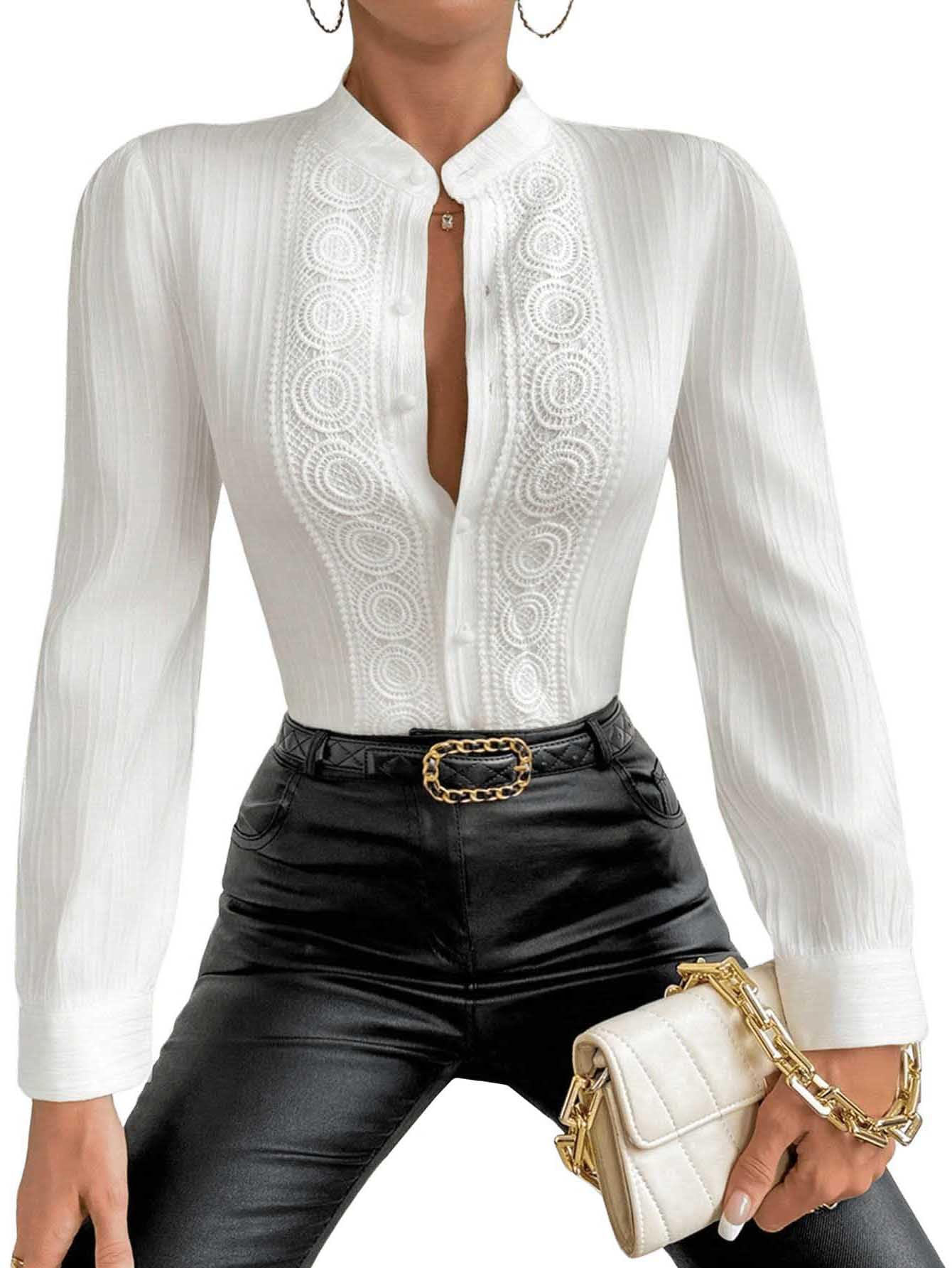 GORGLITTER Women's Lace Button Down Mandarin Collar Blouse Embroidery Pleated Business Casual Puff Sleeve Shirt Top