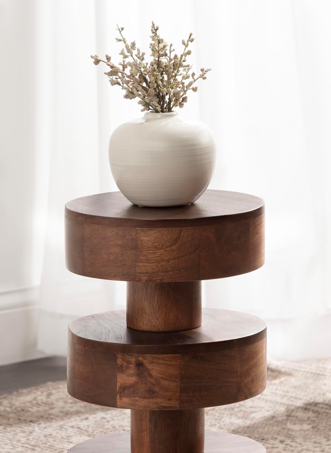 Kate and Laurel Omar Modern Wooden Round Drink Table, 9 x 9 x 20, Walnut Brown, Geometric Floating Disks Circle Mini Table for Use as Small Bedroom Night Stand or Indoor Plant Stand