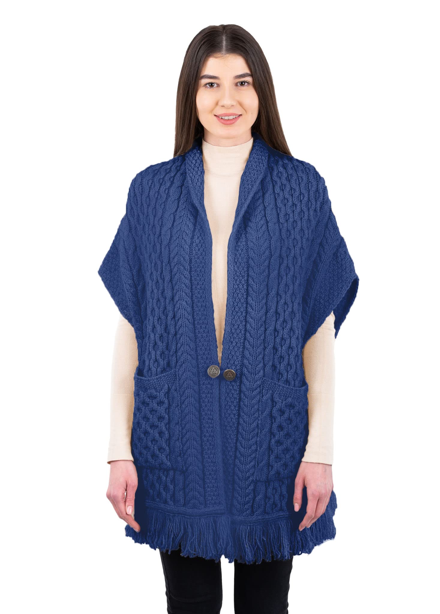 SAOL 100 Merino Wool Shawl Poncho Sweater Open Cardigan Wool Cape with Pockets with Fringe Trim and Trinity