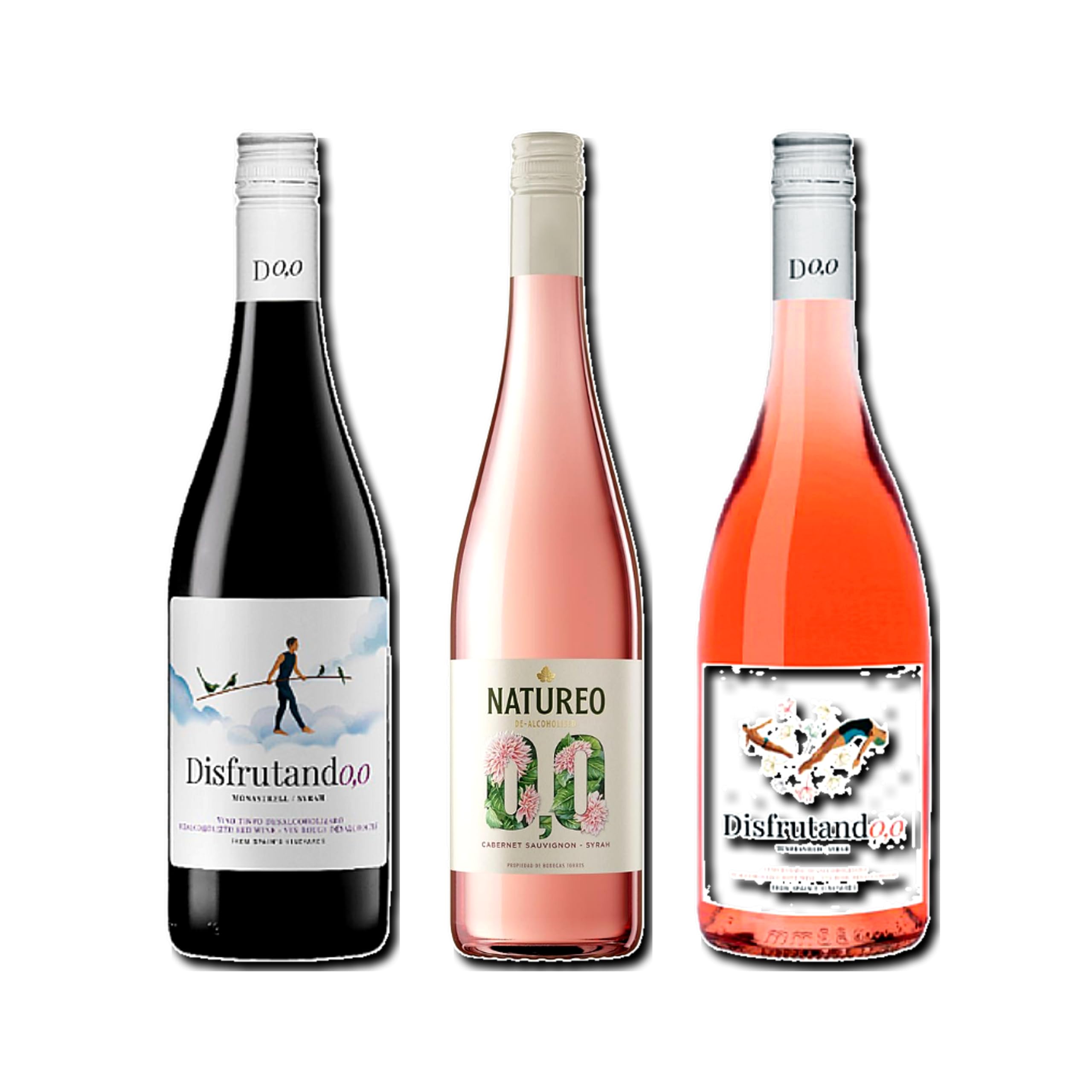 vino sin alcohol 0,0 Disfrutando 0,0 Tinto, Natureo Rosado y Disfrutando 0,0 Rosado pack de 3 botellas 75cl