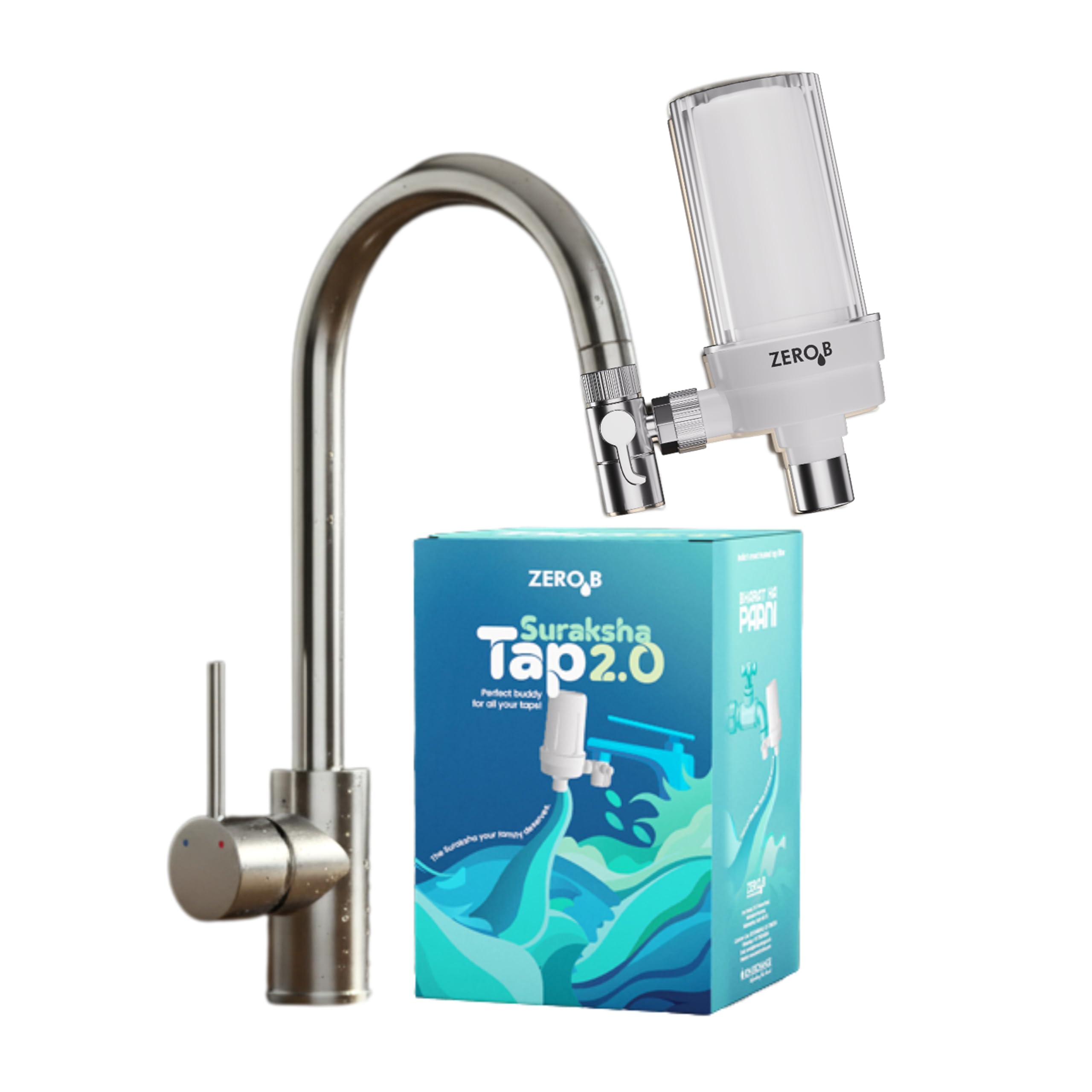 ZeroB Suraksha Tap 2.0 | Non-Electric Tap Water Filter | Advance Exsil Nano Technology | 1800L Purification | Removes 99.99% Bacteria & Viruses | Portable & Fits Any Taps | Drinking, Kitchen & Outdoor