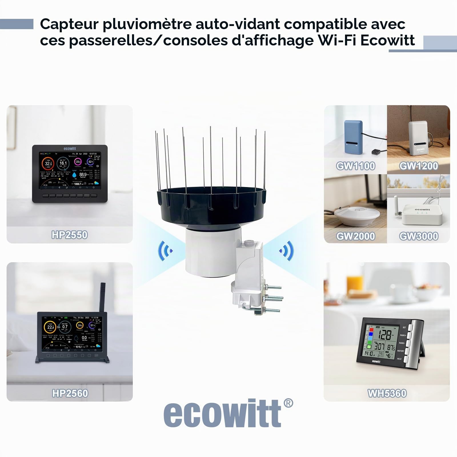 ECOWITT WH5360H Pluviomètre numérique 3 en 1 de haute précision pour la maison avec thermomètre et hygromètre intérieur, pluviomètre d'extérieur pour enregistrer la quantité de précipitations avec pic