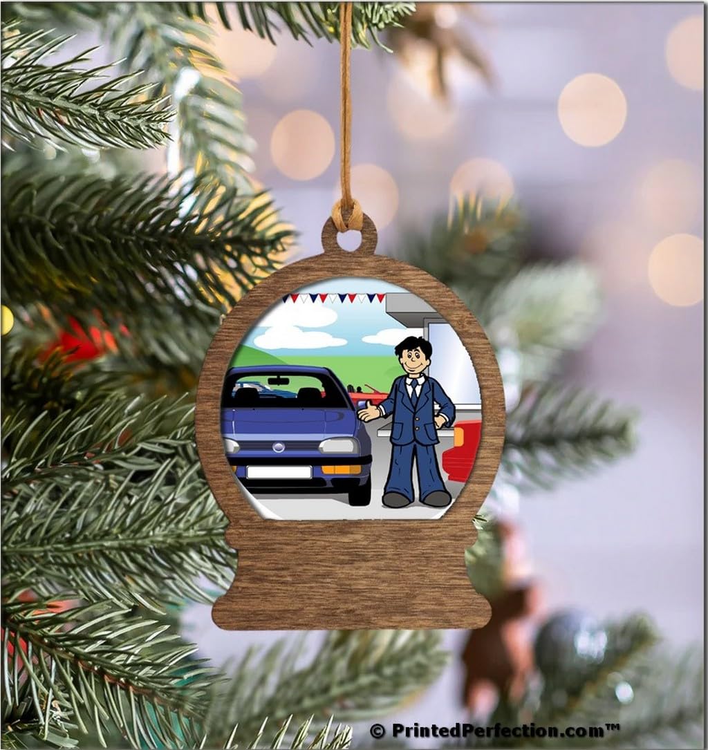 PrintedPerfection.com Personalized Car Sales Male Wooden Snow Globe Shaped Christmas Ornament