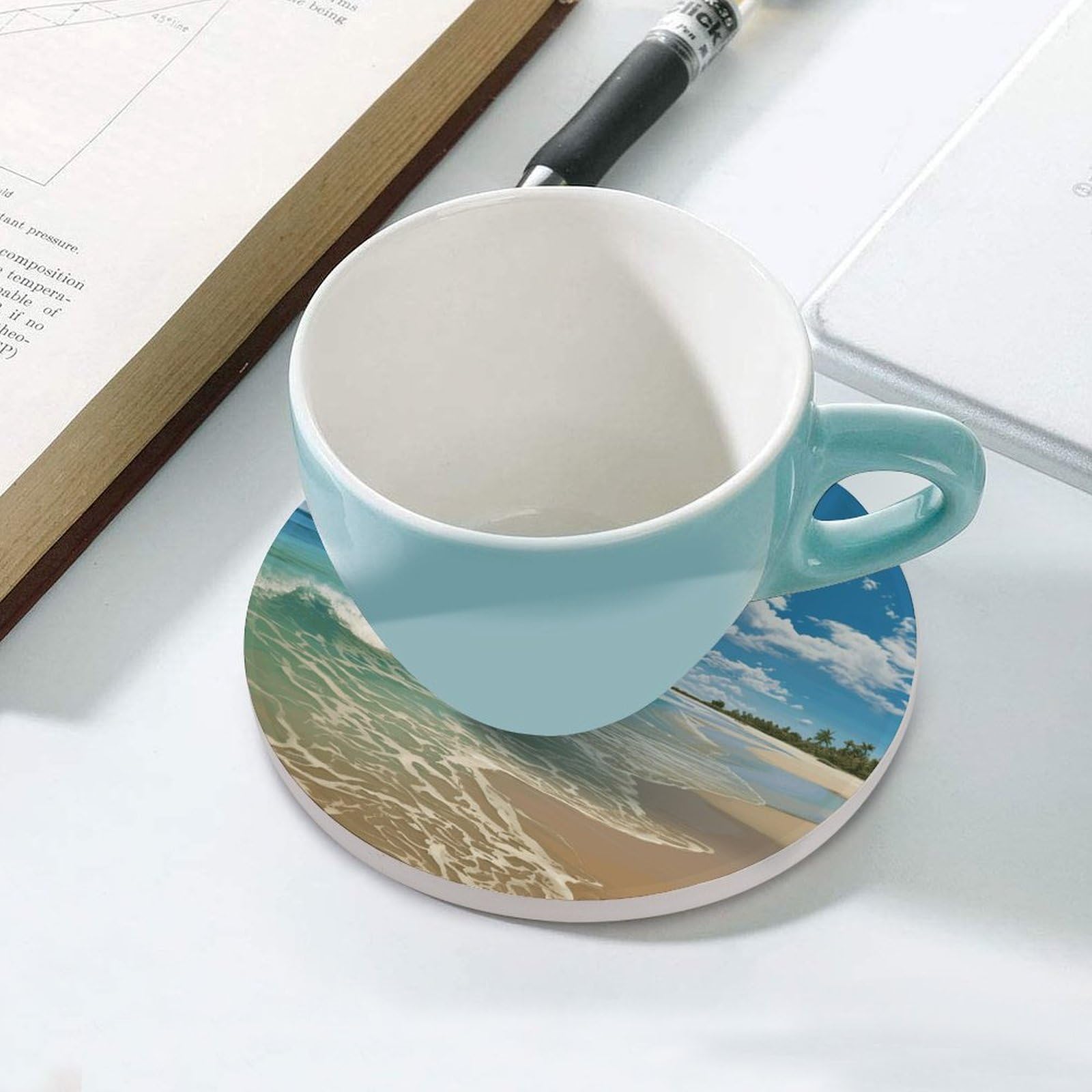 Sandy Beach podstawki pod napoje z uchwytem na stolik kawowy, ceramiczna podstawka z podstawą korkową, ceramiczna podstawka do mrożonych zimnych lub gorących napojów, 10 cm