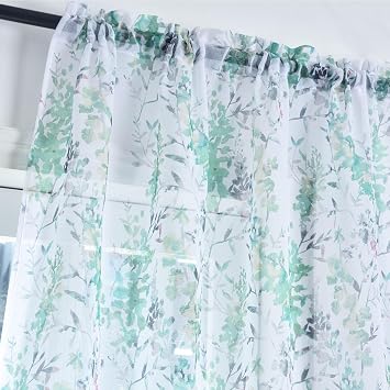 Kotile White Sheer Curtains Printed Green Branch Leaf 52x63 Inch, 2 Panels