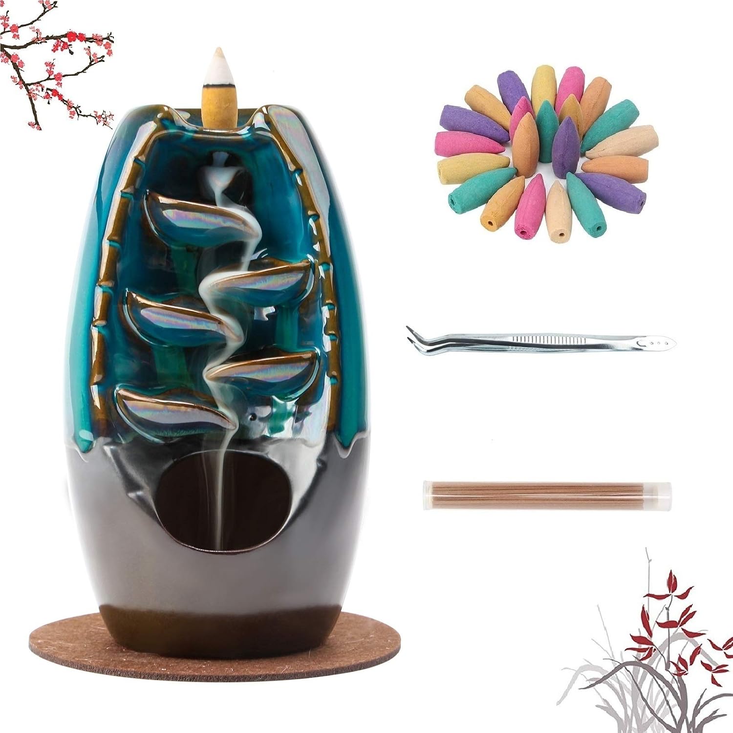 Famiry Ceramic Backflow Incense Burner, Incense Waterfall Burner, with 120 Backflow Incense Cones, 30 Incense Sticks, 1 Mat, Aromatherapy Ornament Home Decor