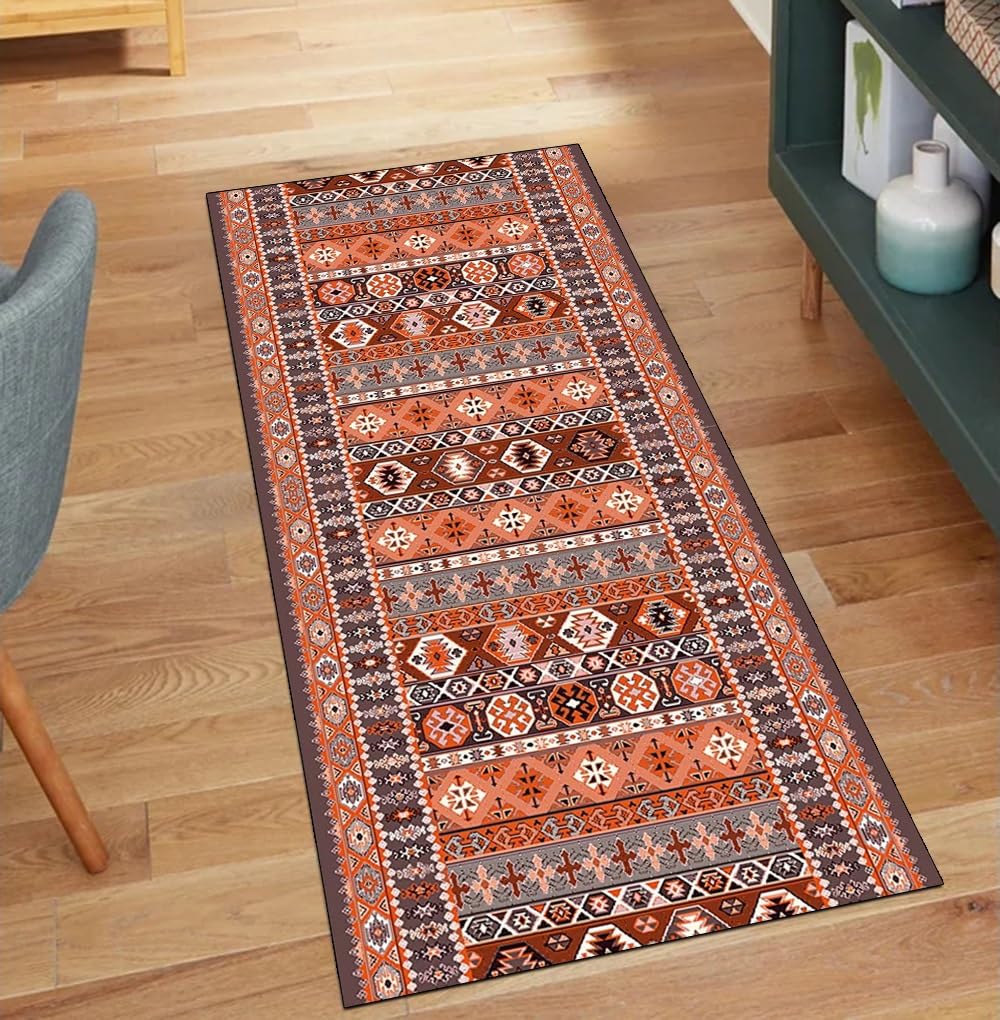 Alfombra bohemia naranja para crear un hogar acogedor lavable y de tacto suave de 90x250 cm