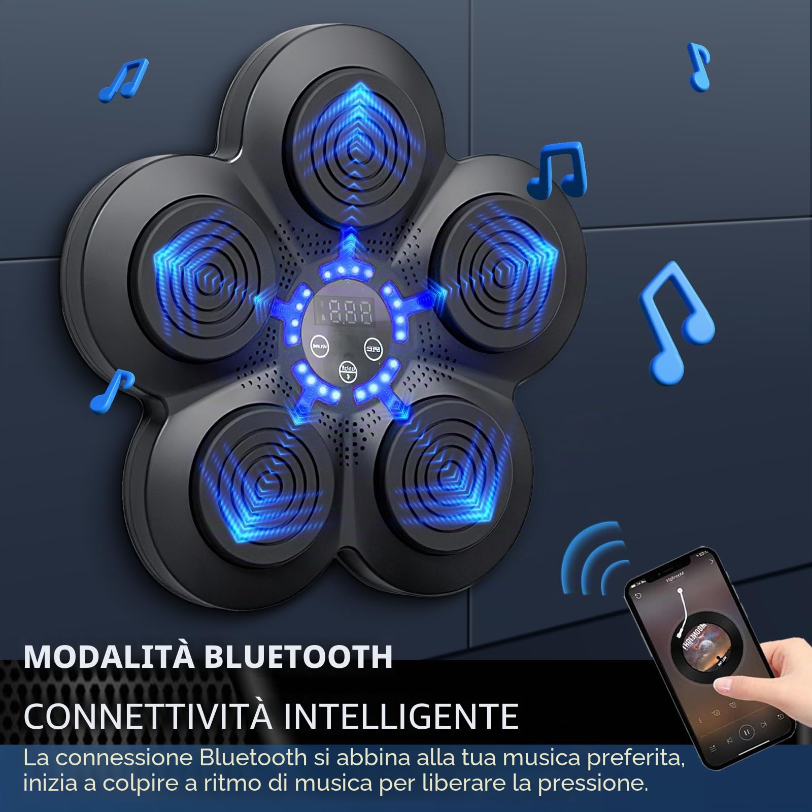 Macchina da Boxe Musicale, Dispositivo di Boxe Elettronica da Parete Domestico, Smart Bluetooth Pugile Elettronico, Regalo di Boxe per Bambini e Adulti (Nero+Luce Blu+Guanti Adulti)