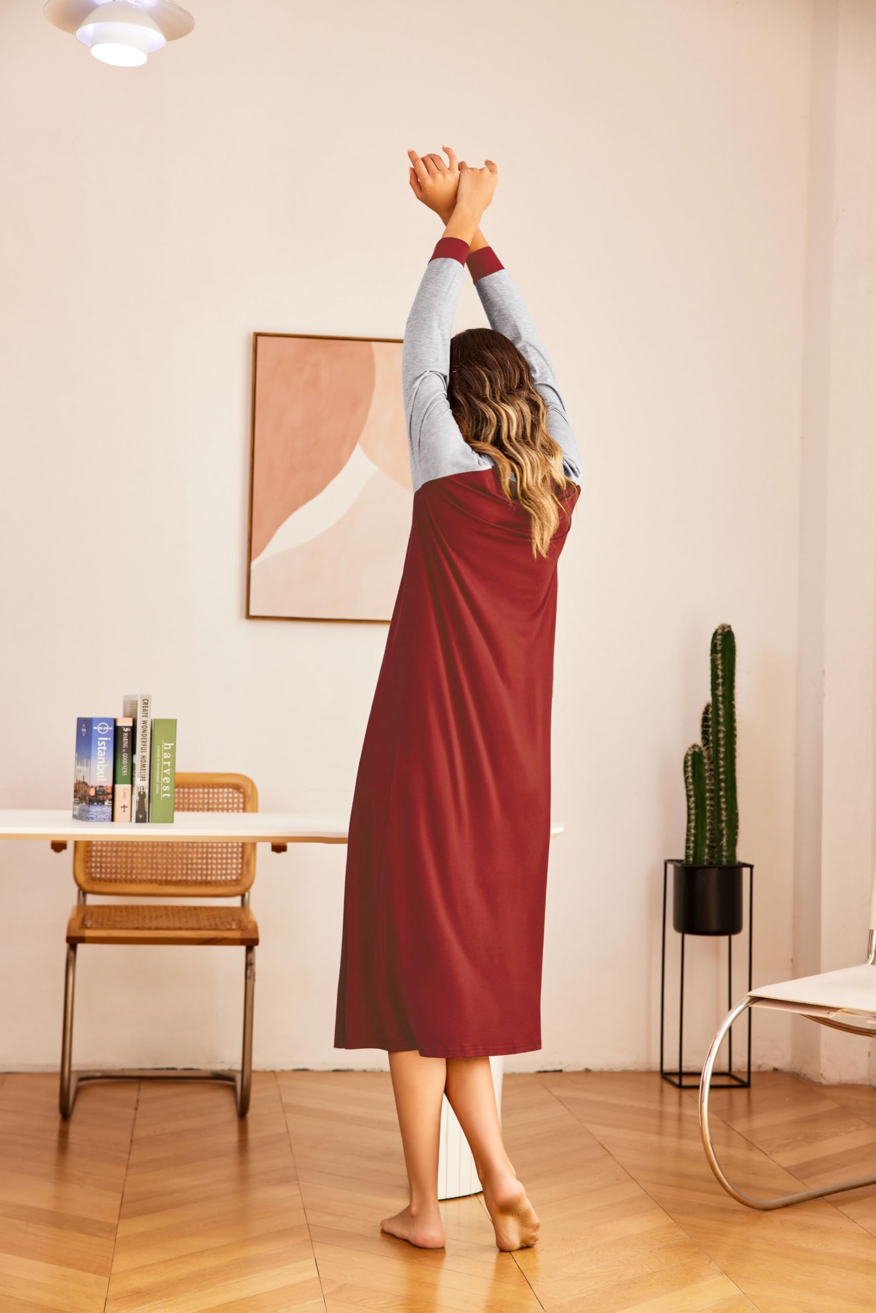 Ekouaer - Camisa de Dormir para Mujer, Manga Larga, Cuello en V, camisón de Noche, camisón de salón S-XXL - Rojo - XXL