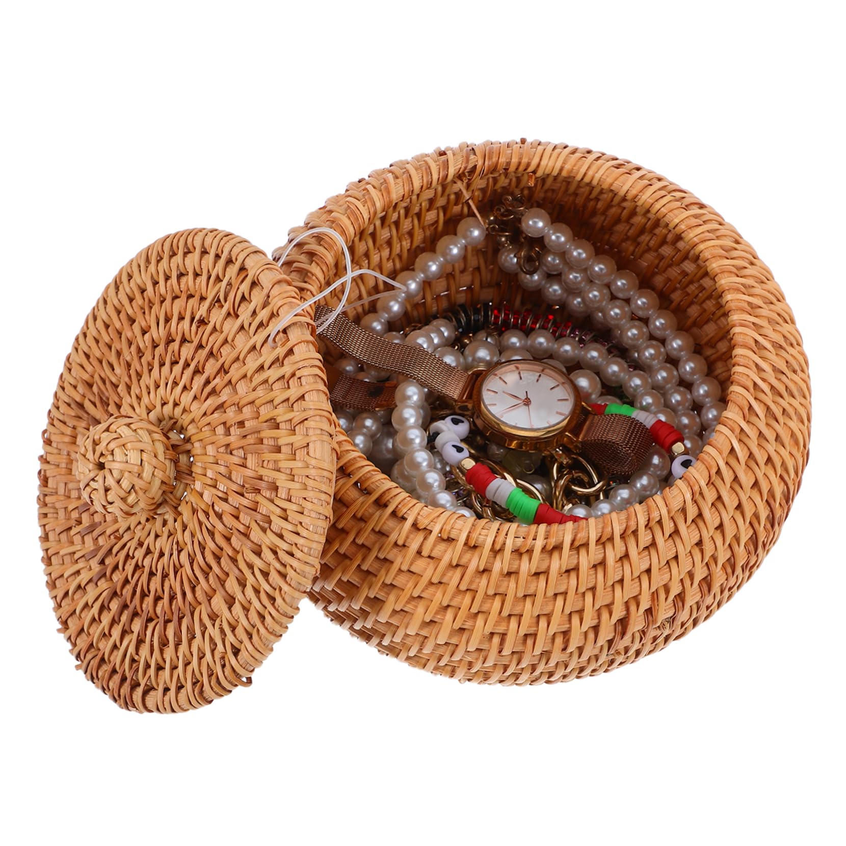 Happyyami Small Round Rattan Basket with Lid Handmade Woven Storage Basket for Kitchen Bathroom and Home Decor Multi Purpose Organizer for Snacks Sundries and More