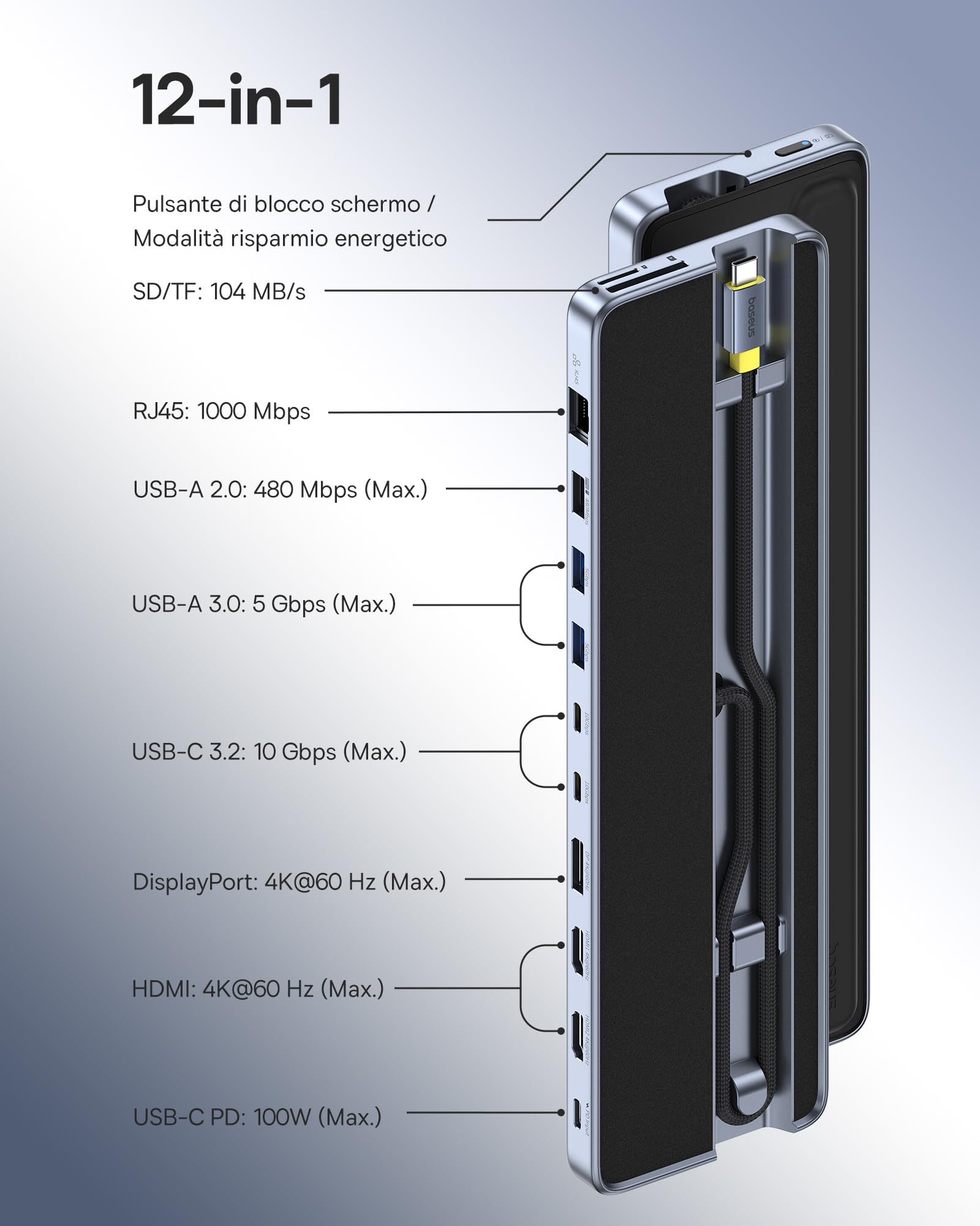 Baseus Docking Station Supporto per Laptop, 12 in 1 HUB Triplo Display 4K HDMI/DP, Dati Veloci USB A/C 10 Gbps, PD 100W, Ethernet, TF/SD, Docking Station USB C con Supporto per Windows