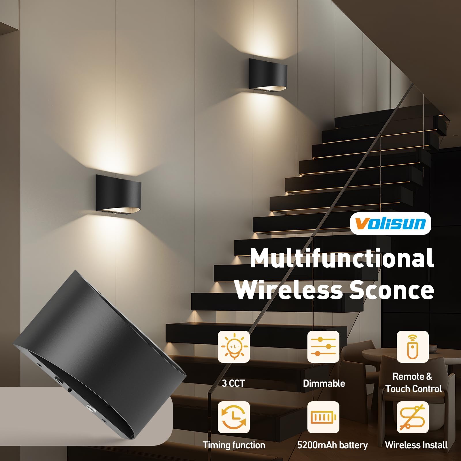 VOLISUN No Hardwired Wall Sconce, Modern Wall Sconce Battery Operated with Remote, 3000K-6500K Dimmable LED Wall Lamp, Wireless Wall Light for Bedroom, Living Room, Hallway, Corridor(1 Pack)