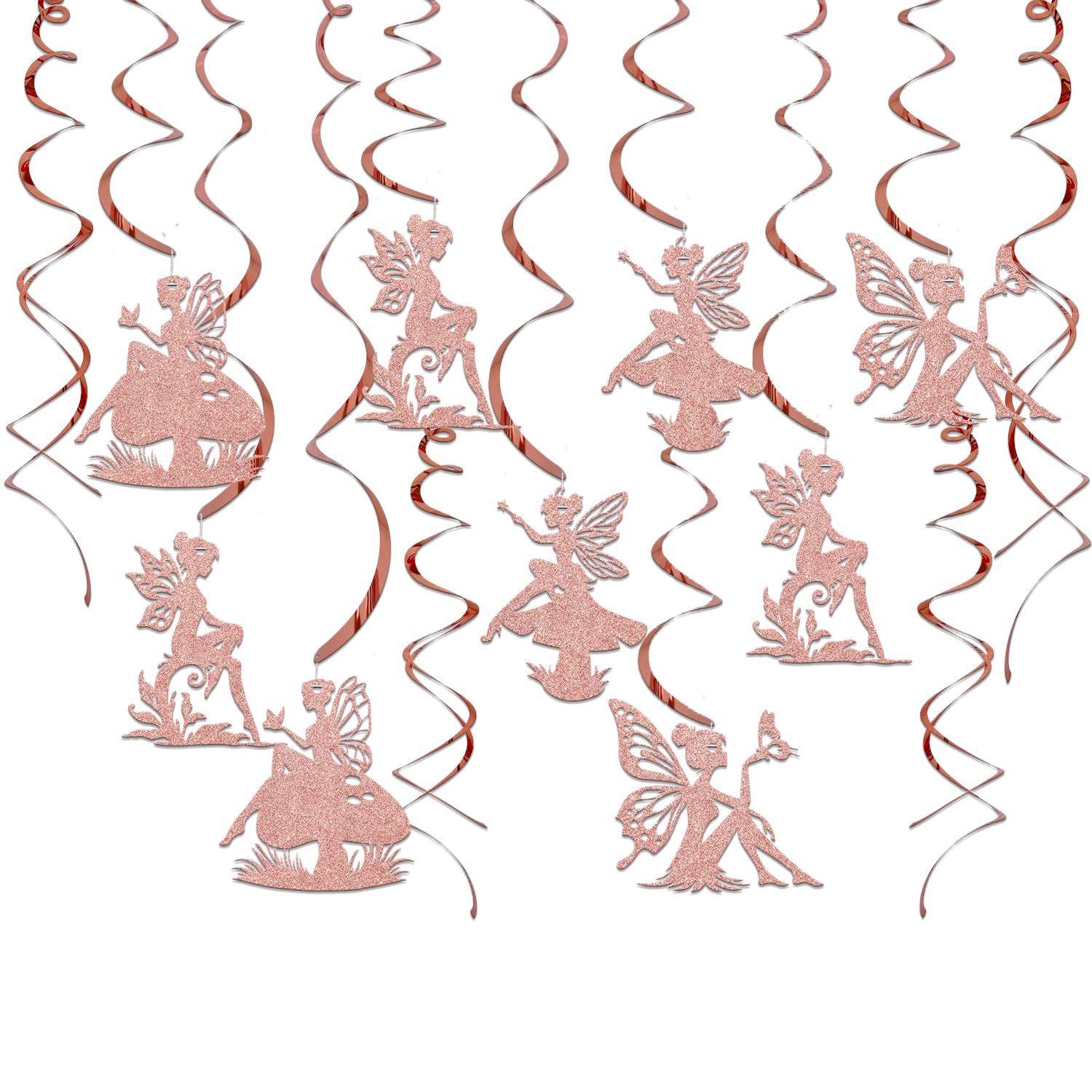 16Pcs Fairy Happy Birthday Hanging Swirls Fairy Baby Shower Bachelorette Bridal Shower Decoration Rose Gold Glitter