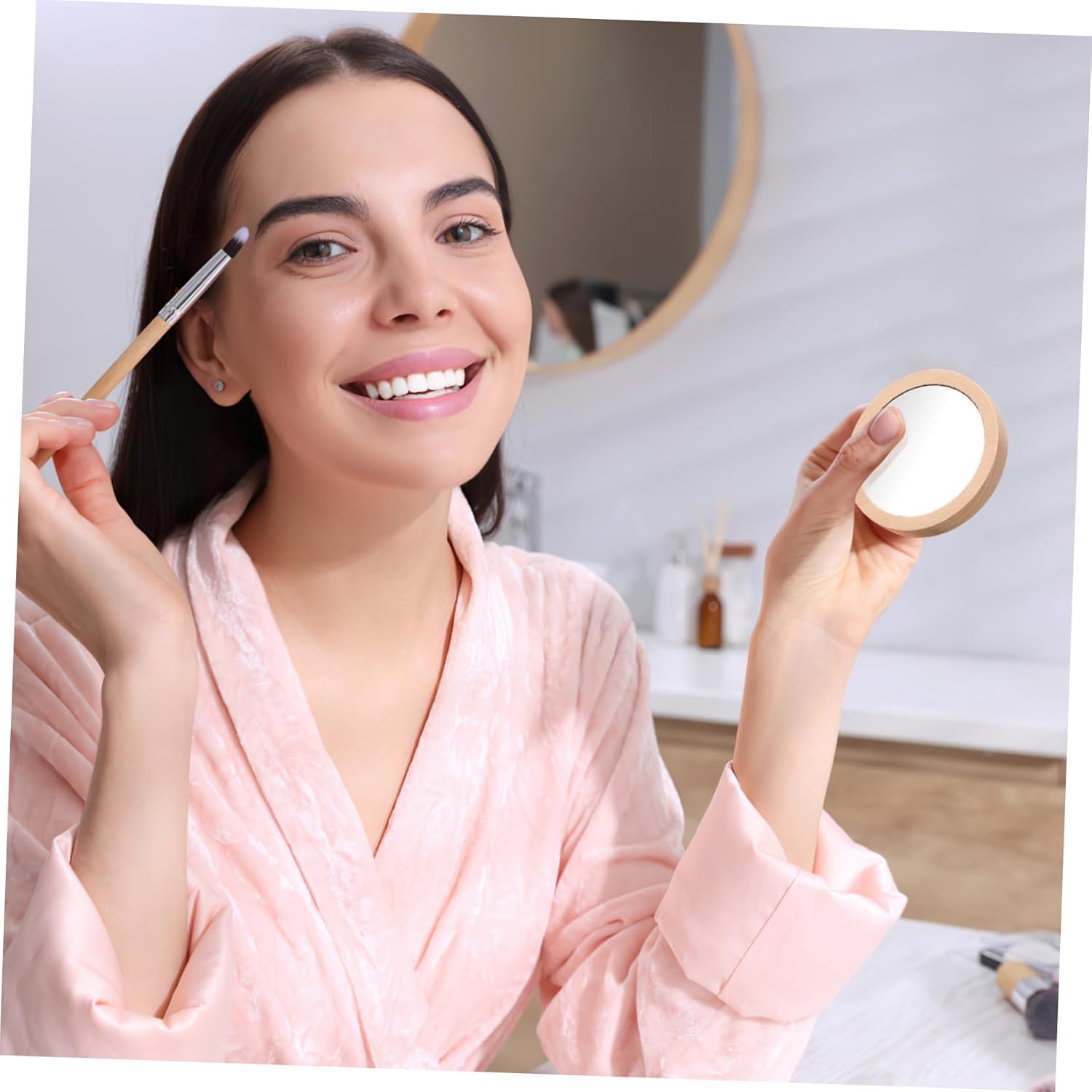 Outanaya Mini Makeup Mirror 2Pcs Wood Glass Portable Folding Pocket image 2