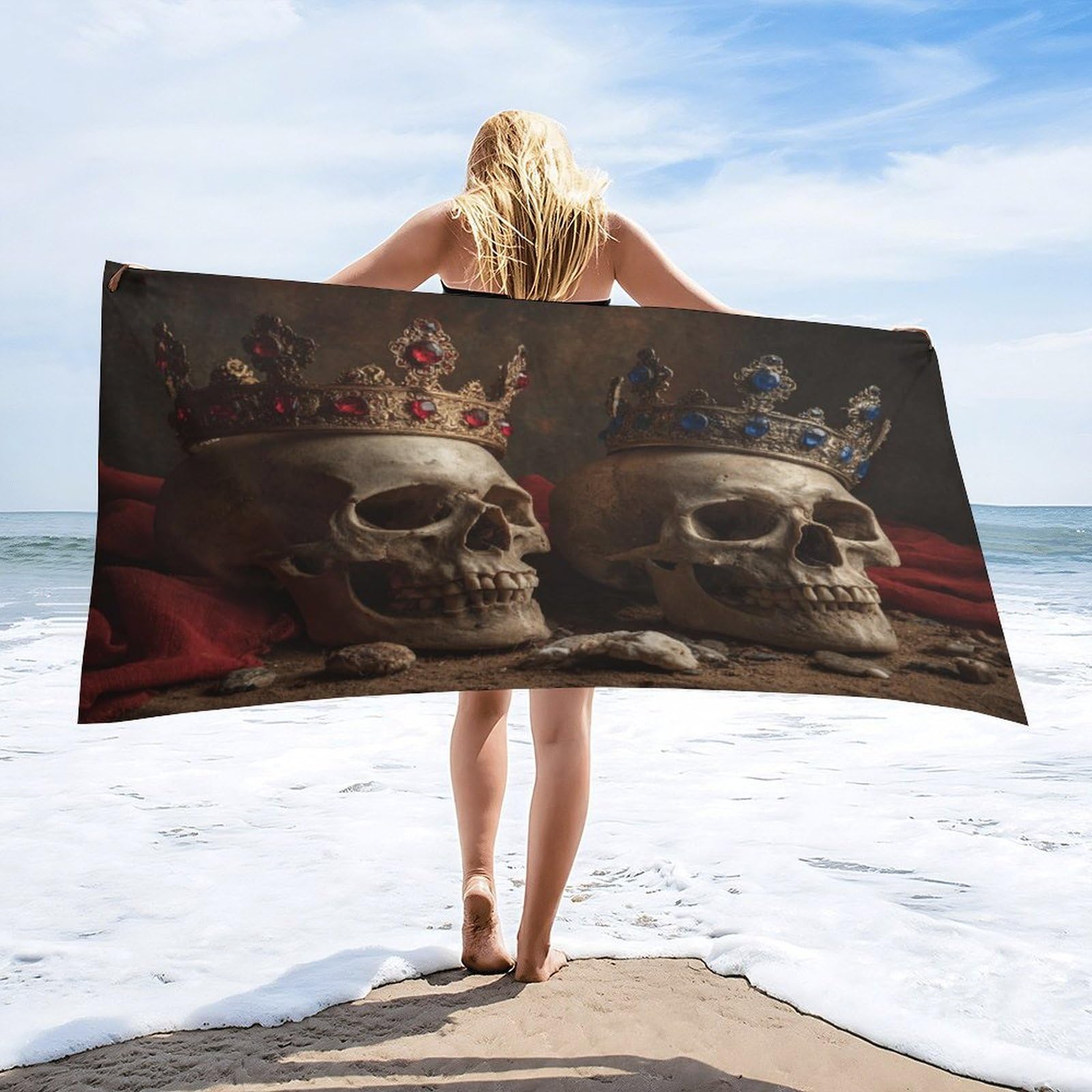 Luyysky Beautiful Vintage King Queen Crown Quick-Drying Beach Towel, Elegant Gothic Skull Skeleton Couple Crystal Crown Travel Vacation Single Sided Pile Bathroom Towels-80 W Cm X 160" L Cm