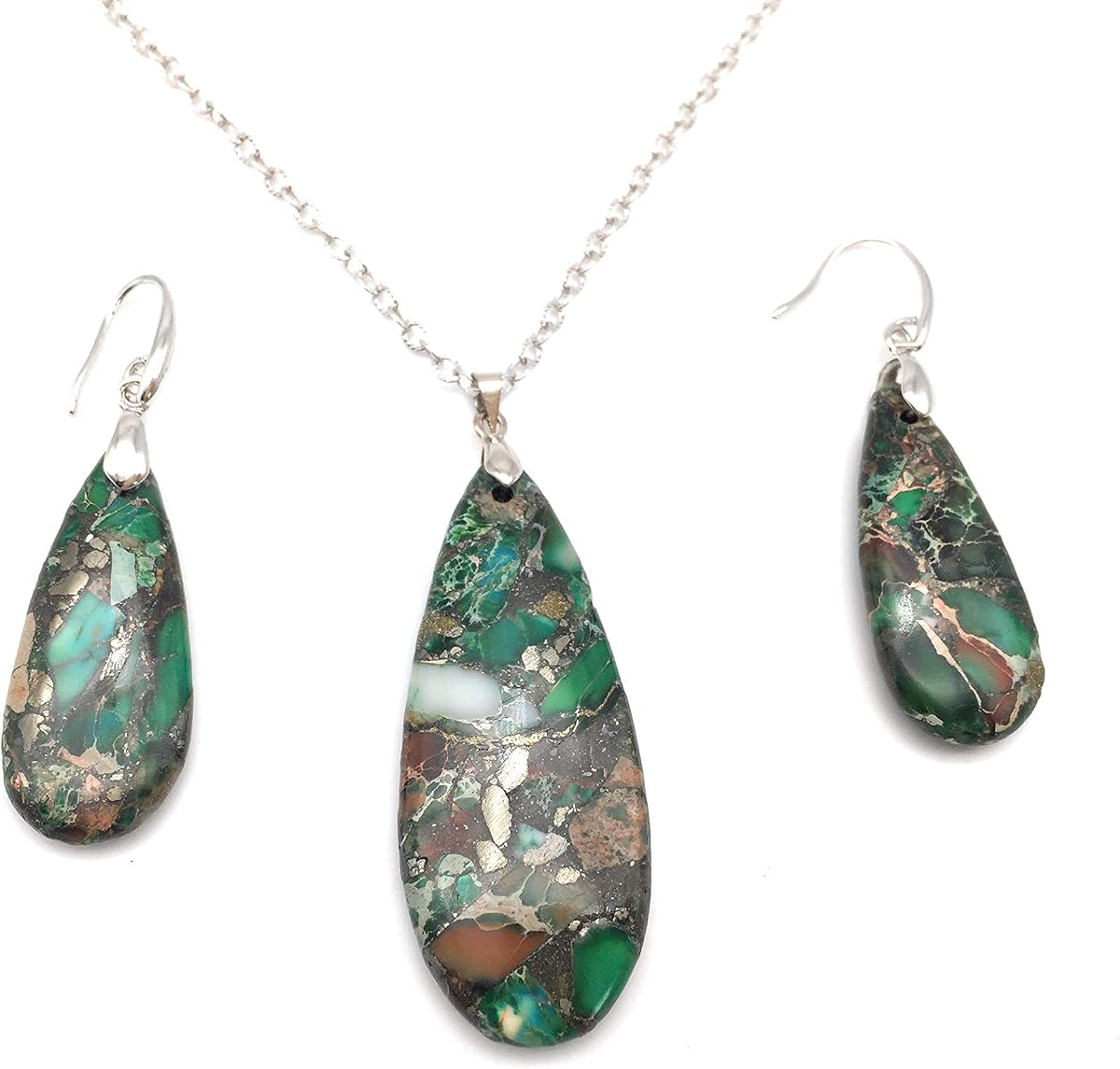 Teardrop Sea Sediment Imperial Jasper Natural Stone Gemstone Necklace Pendant & Drop Dangle Hook Earrings Jewelry Set For Women