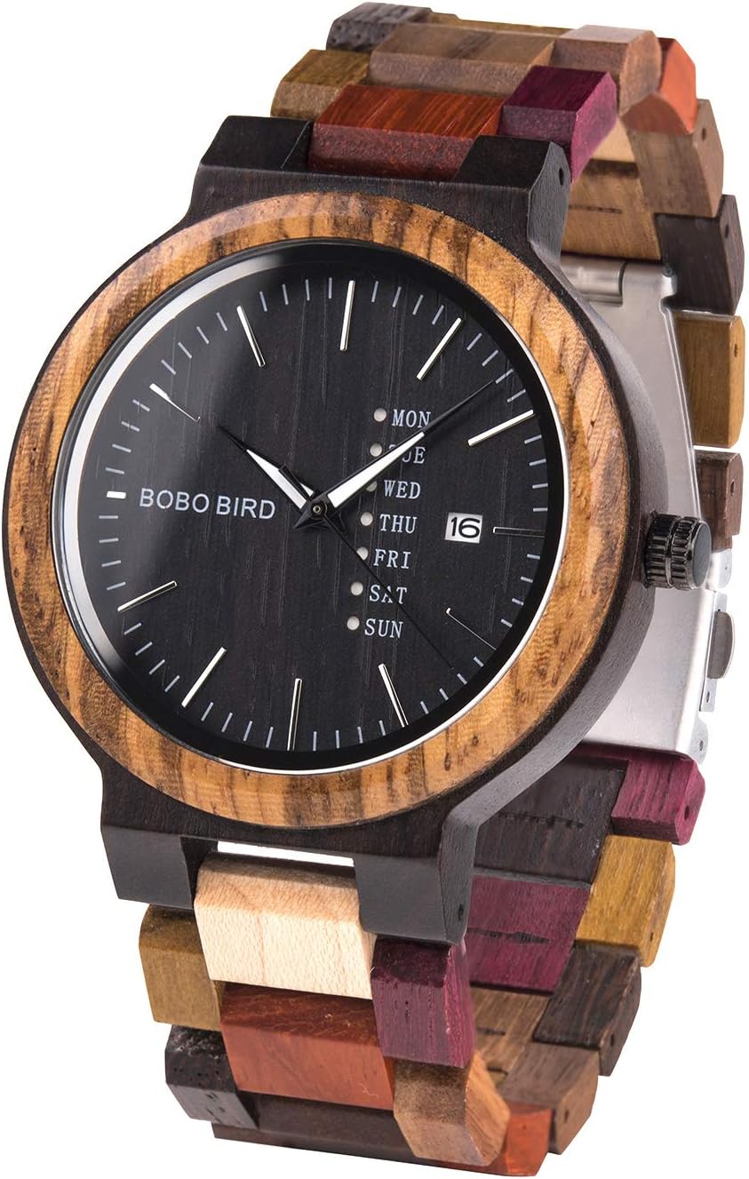 Men Wooden Watches Colorful Bamboo Watches Week & Date Display Quartz Couples Watches Handmade Casual Multifunction Wood Wristwatch for Men