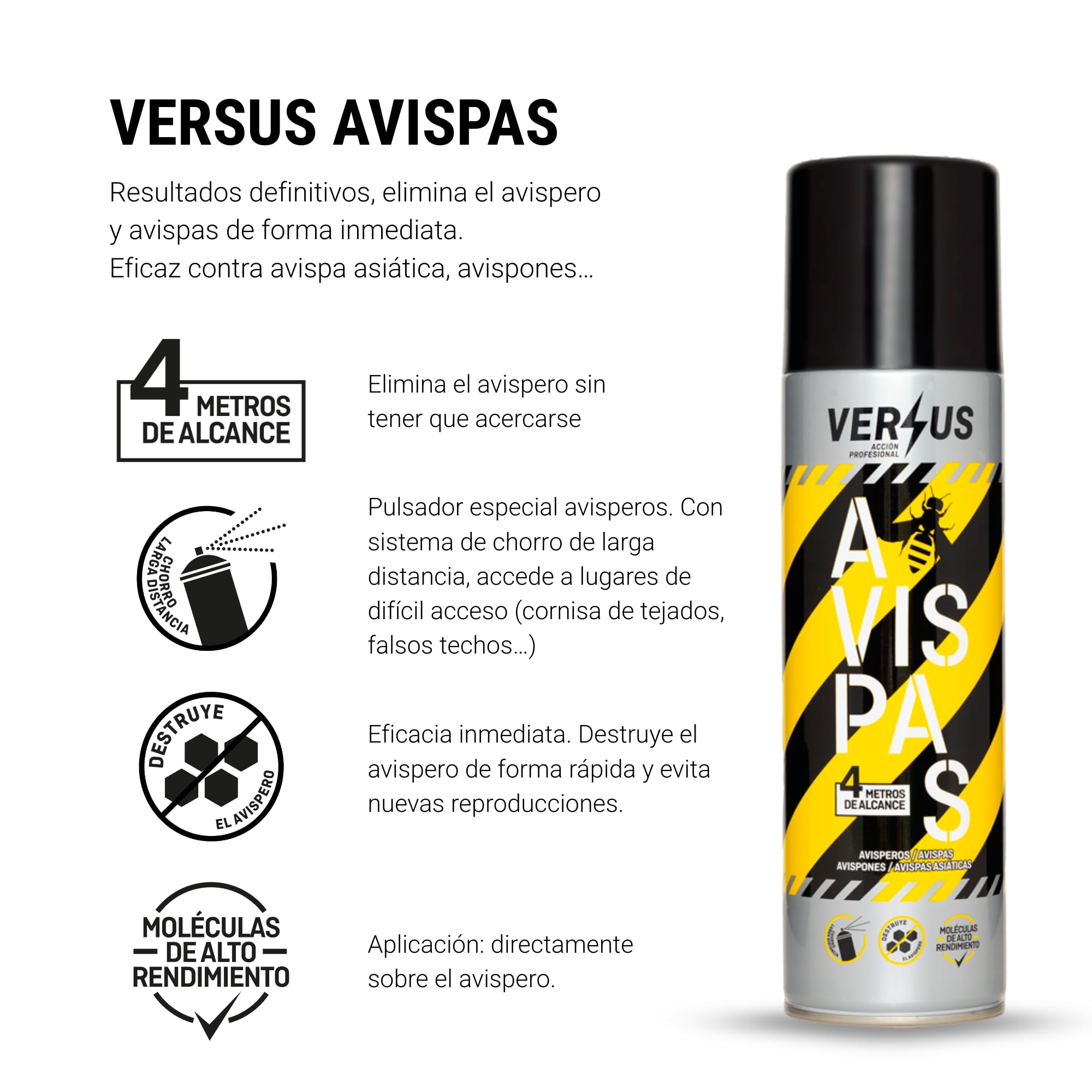 VERSUS AVISPAS - Insecticida Avispas, Avispones y Avisperos - Eficaz contra Avispa Asiática - Largo Alcance 4 Metros - Eficacia Inmediata y a Distancia - Destruye el Nido y Evita Nuevas Reproducciones