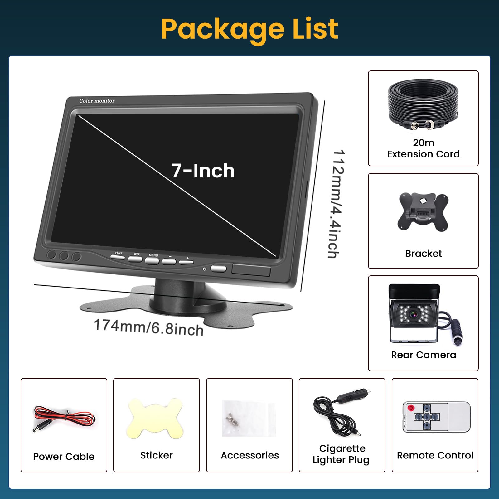 Roinvou Zestaw kamer cofania z monitorem 7" 1080p, wodoszczelność IP68, widoczność w nocy, kamera zapasowa samochodu, kabel, stabilny sygnał, kamera cofania 12 V-24 V z kablem 20 m, do samochodów