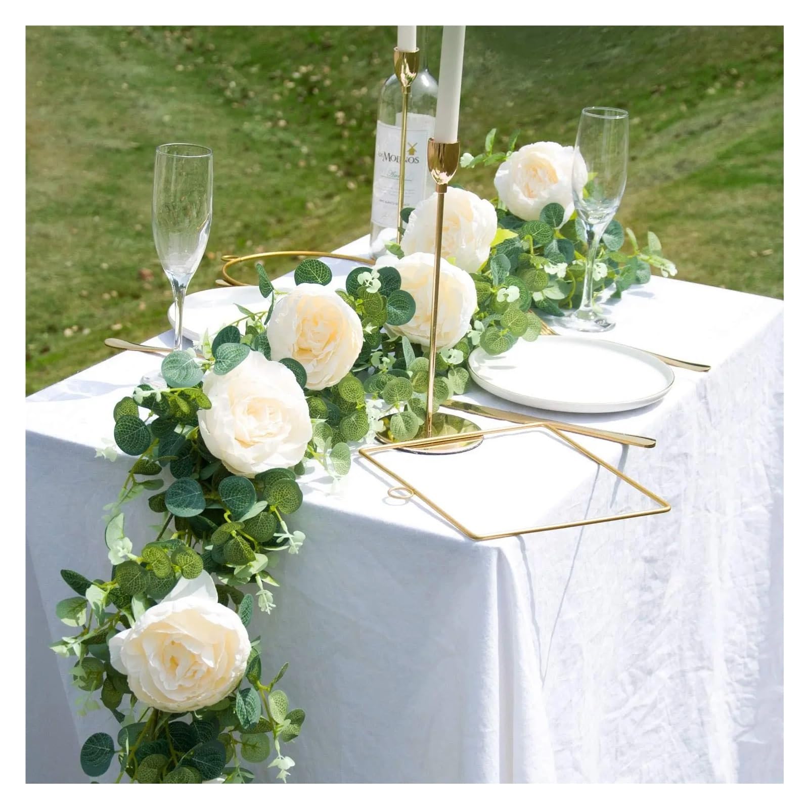Künstliche Eukalyptus-Girlande mit weißen Rosen, Pfingstrosen, Eukalyptussträngen for Hochzeit, Geburtstag, Party, Haus, Garten, Dekoration(1pc White Rose)