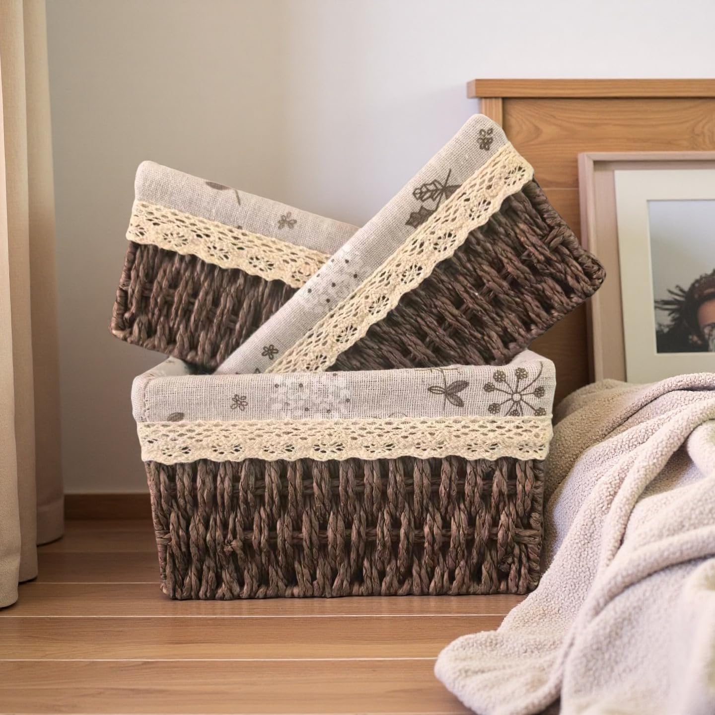 Wicker Woven Baskets With Liner, 3Packs Small Square Decorative Shelf Basket For Home Storage And Organizing (coffee)