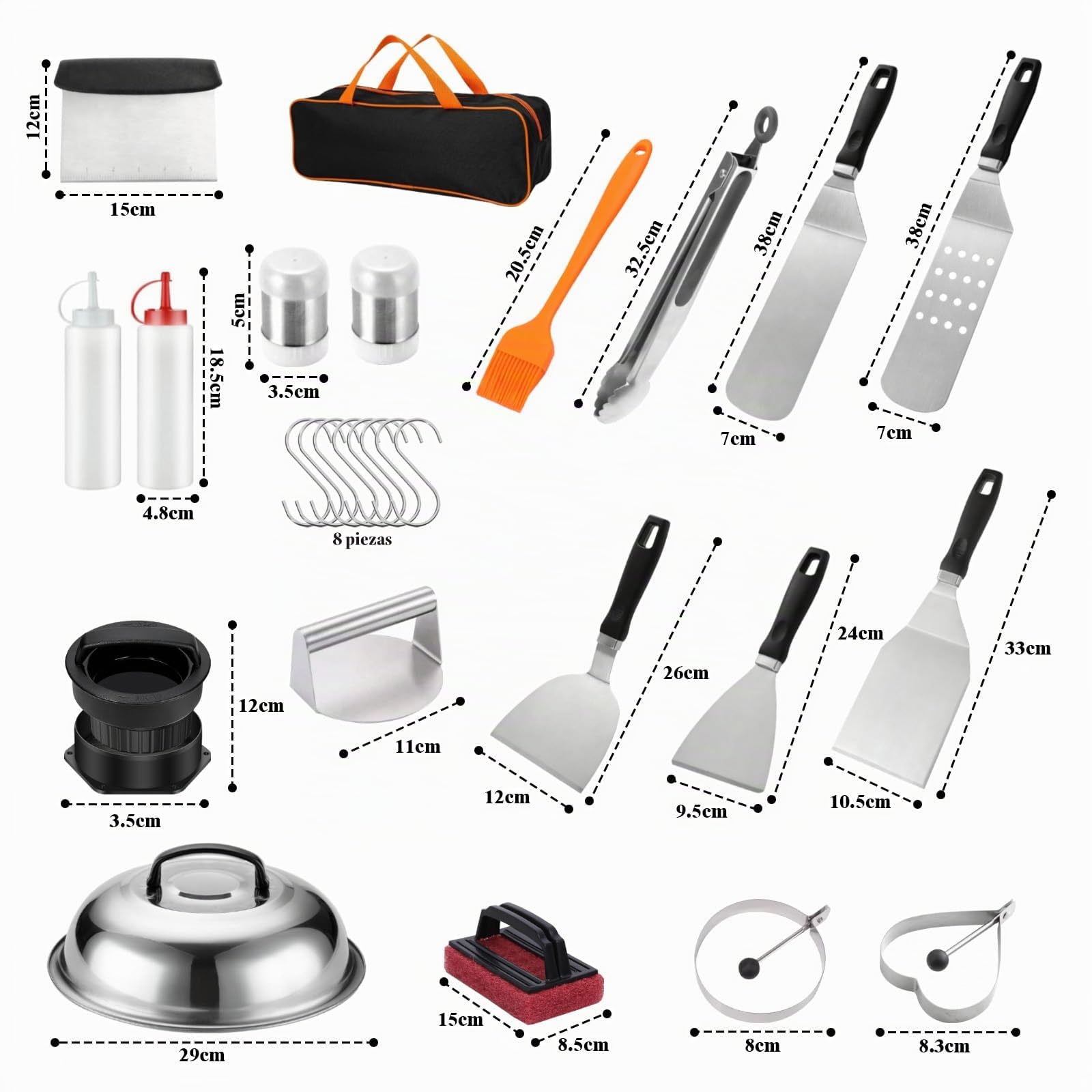 27 Pcs Utensilios Barbacoa, Smash Burger Kit, Acero Inoxidable Profesionales Accesorios Barbacoas Prácticas con Bolsa Portatil, Resistente Herramientas Parrilla Barbacoa para Camping