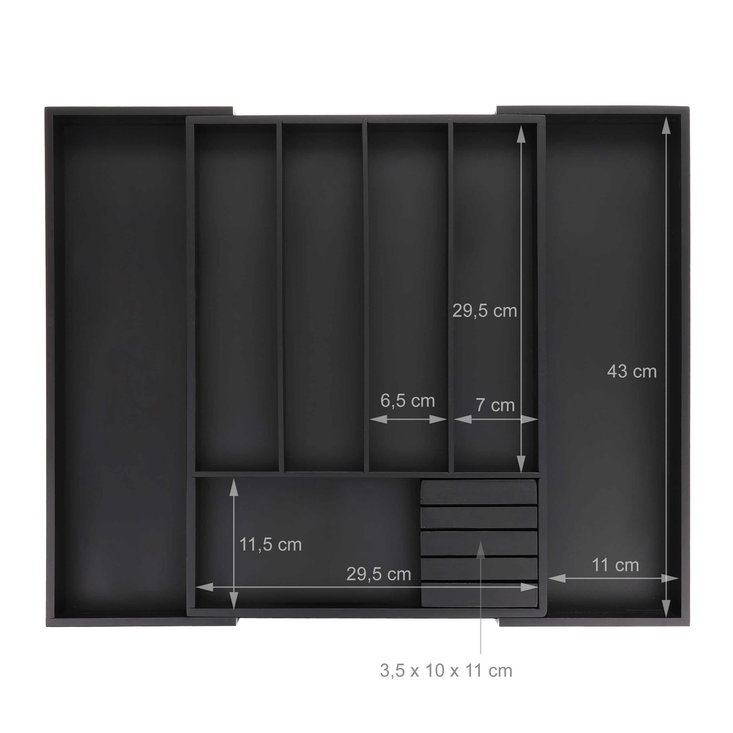 Relaxdays Pojemnik na sztućce wysuwany, bambus, wys. x gł.: 5 x 32,5-55 x 44,5 cm, 5-7 przegródek, półka na sztućce z blokiem na noże, czarna, 1 sztuka