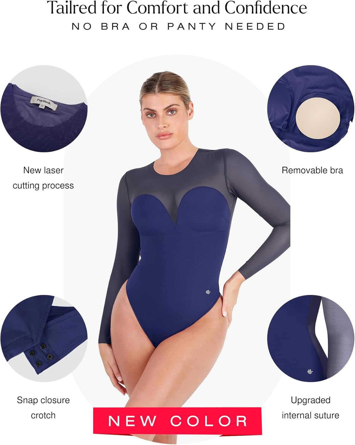 Popilush Long Sleeve Body Suits Womens Tummy Control Mesh Shapewear Corset Bodysuit Sheer Going Out Tops Fall Outfits